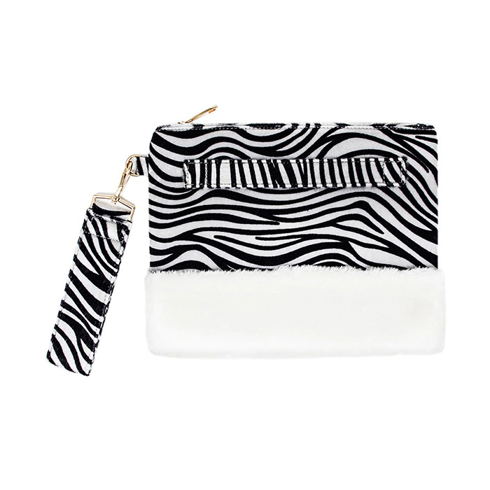 FASHNZFAB Zebra Animal Print Fur Clutch Bag