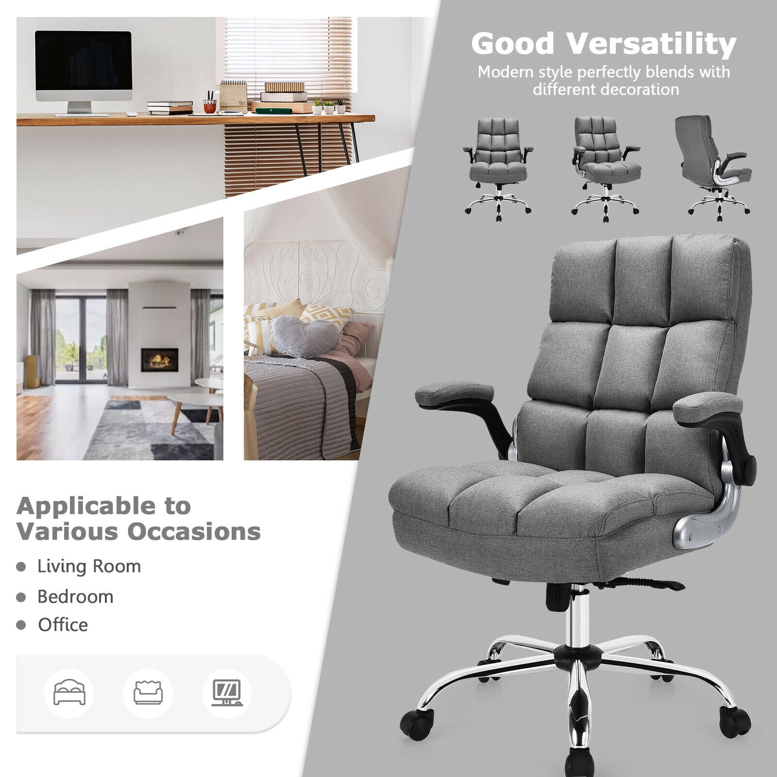 SUGIFT High Back Flip-up Armrests Linen Upholstered Swivel Office Chair 30-in x 28-in x 43-in 400-lb Capacity Gray