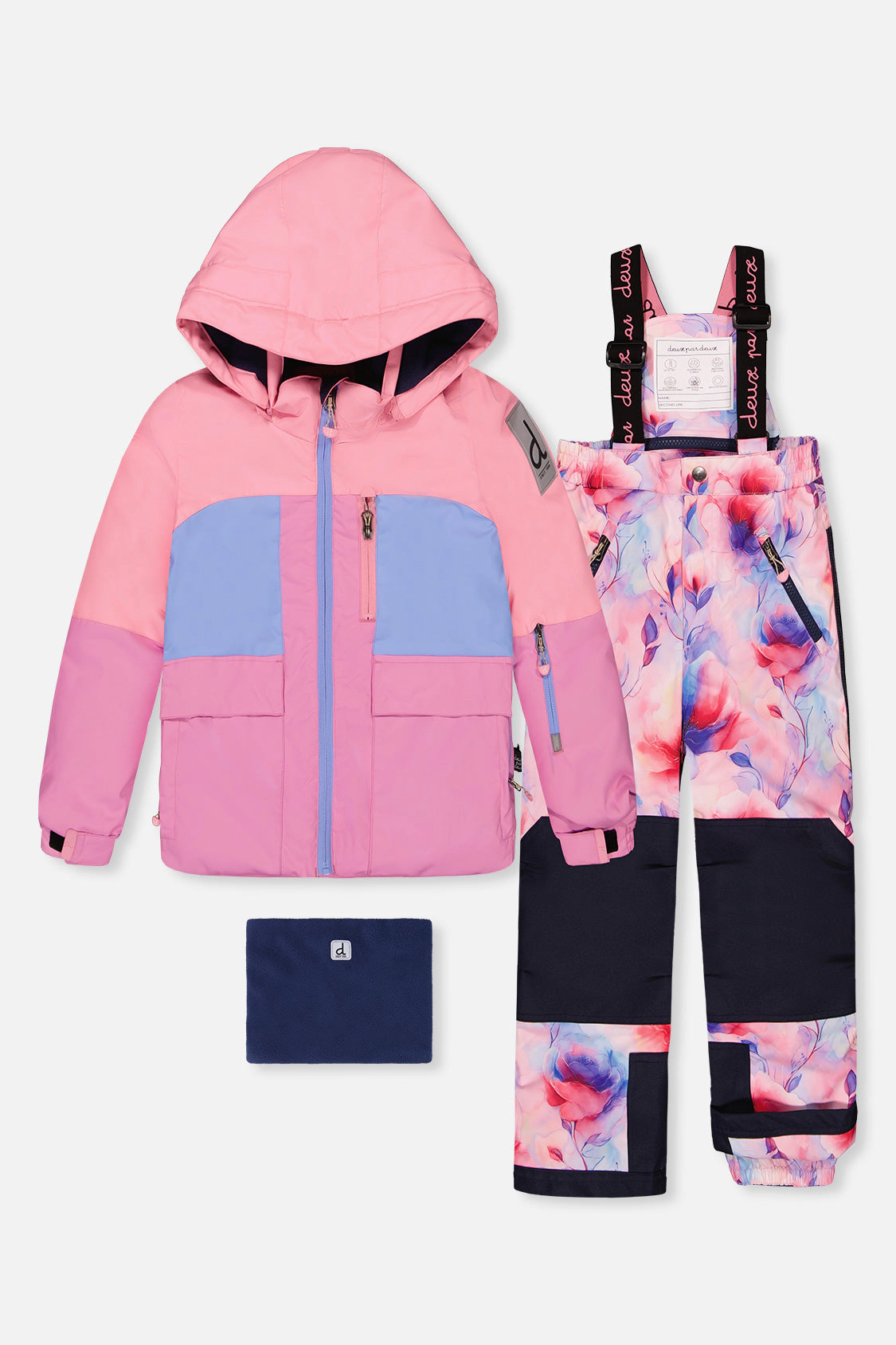 Deux par Girls Colorblock Two Piece Play Snowsuit with Jacket and Watercolor Floral Snow Pants