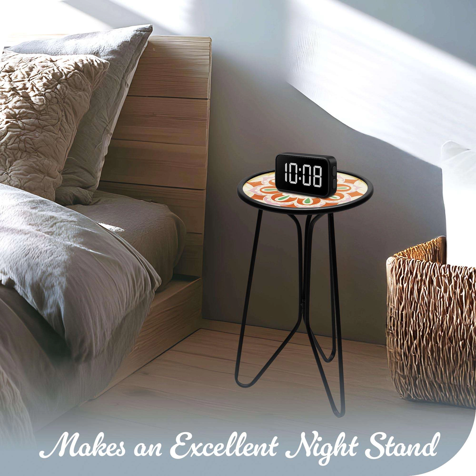 G128 12 in Round Glass Outdoor Side Table Purple Mandala Pattern, Foldable Metal Plant Stand