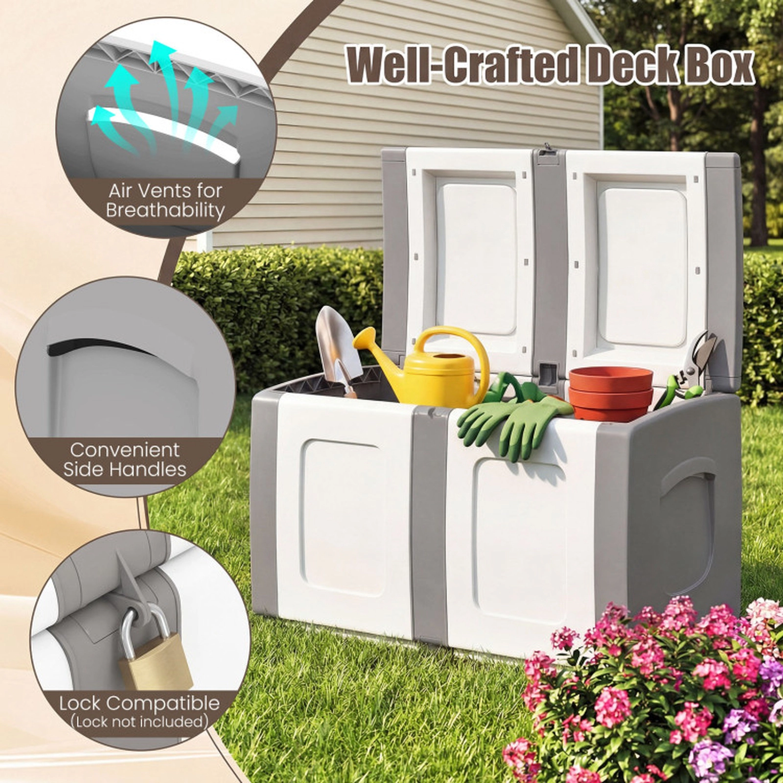 SUGIFT 53-Gallon Lockable Lid Waterproof PP Outdoor Patio Deck Storage Box 37-in x 21.5-in x 22.5-in 155-lb Gray