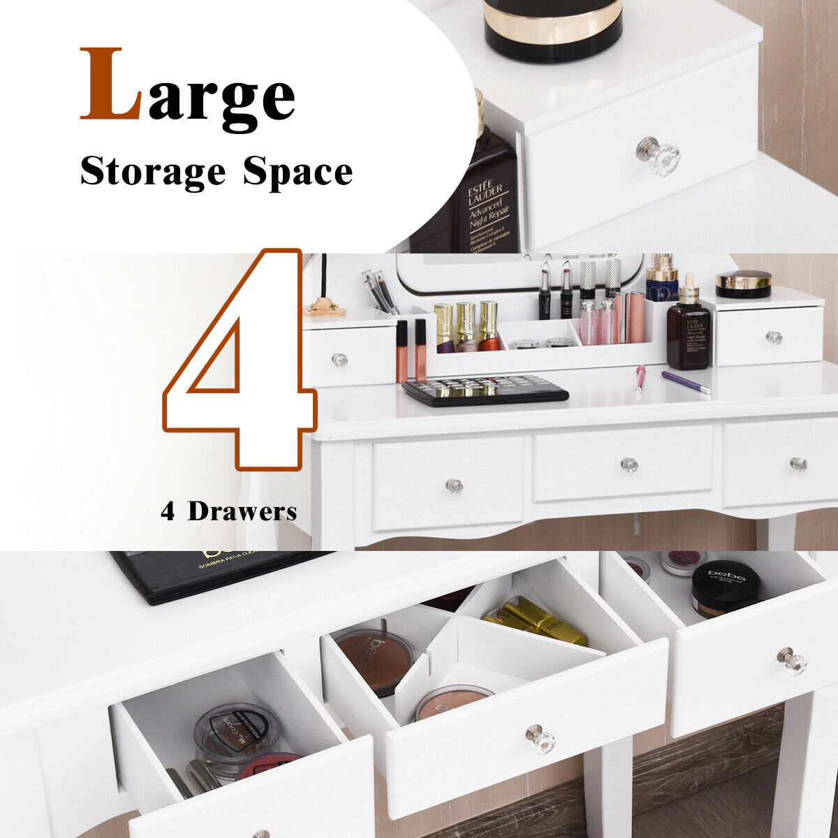 SUGIFT 10 Dimmable Light Bulbs Vanity Dressing Table with Removable Storage Box & Cushioned Stool 286-lb Table Capacity