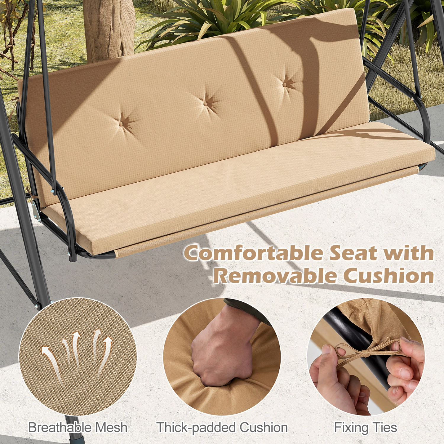 LJG Patio Swing Chair with Adjustable Canopy & Removable Cushion and Metal Stand