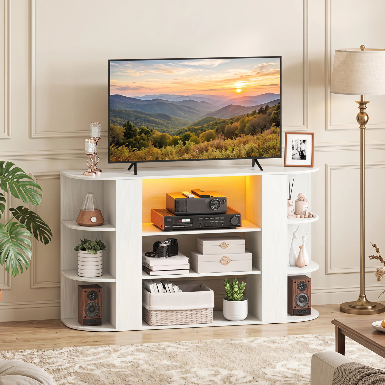 LJG 50 Inch TV Stand for 55 with RGB Lights Entertainment Center Adjustable and Removable Shelf