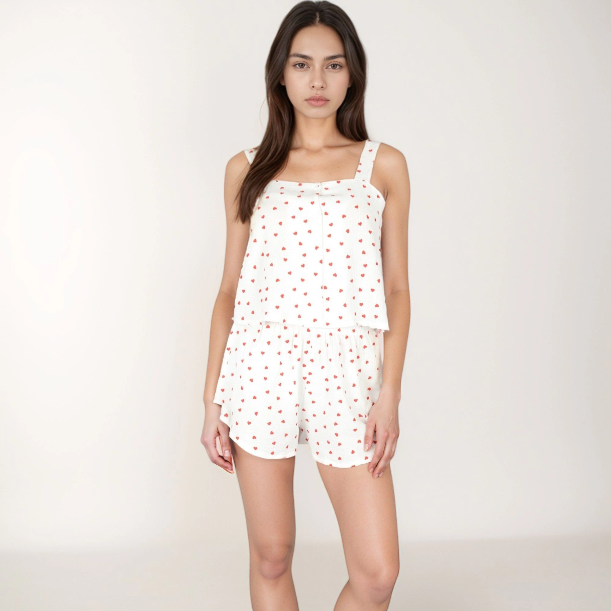 Anna-Kaci Women's Valentine Heart Print Pajama Set with Wide Strap Tank Top and Elastic Waist Shorts