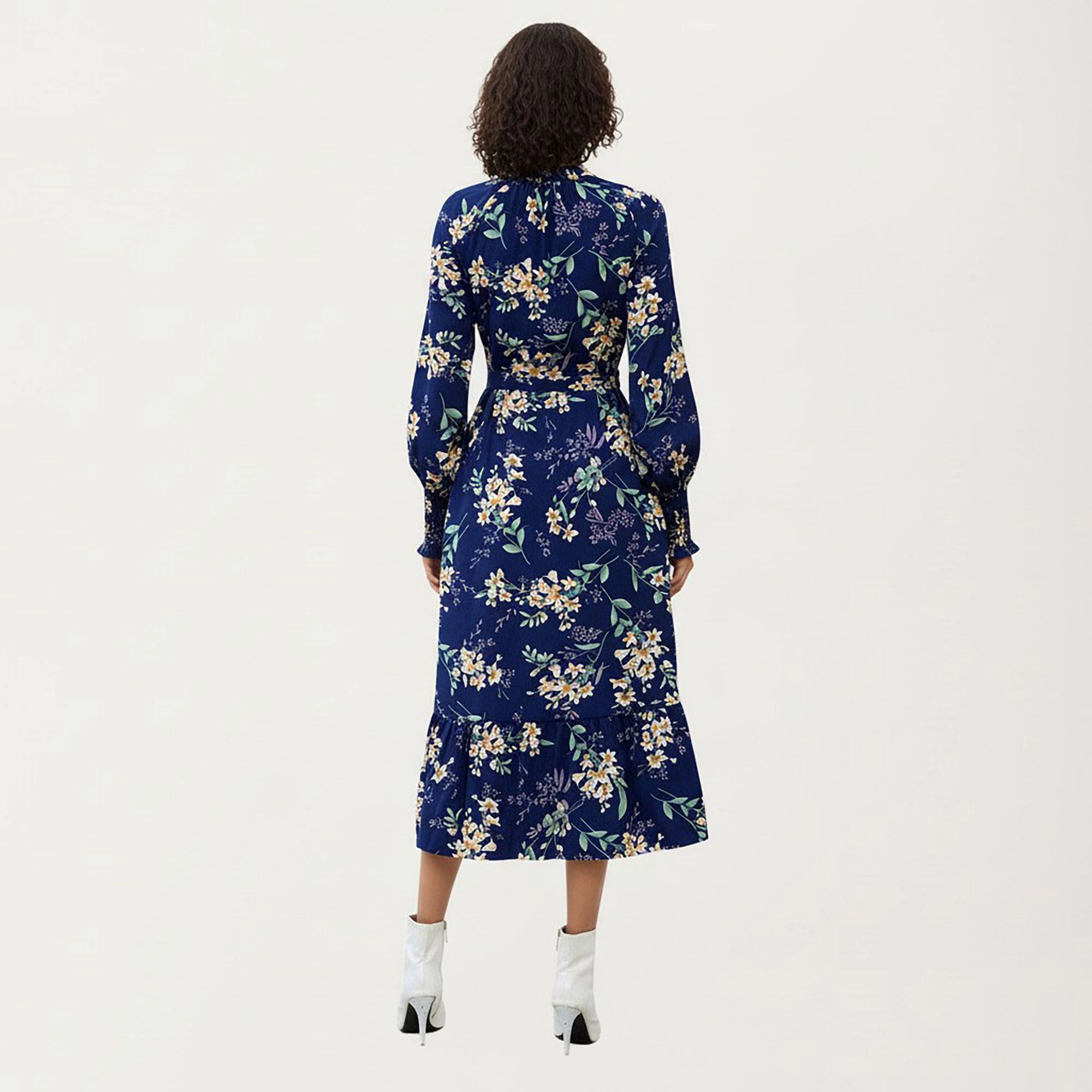 Anna-Kaci Women's Floral Print V Neck Long Sleeve Waist Tie Dress