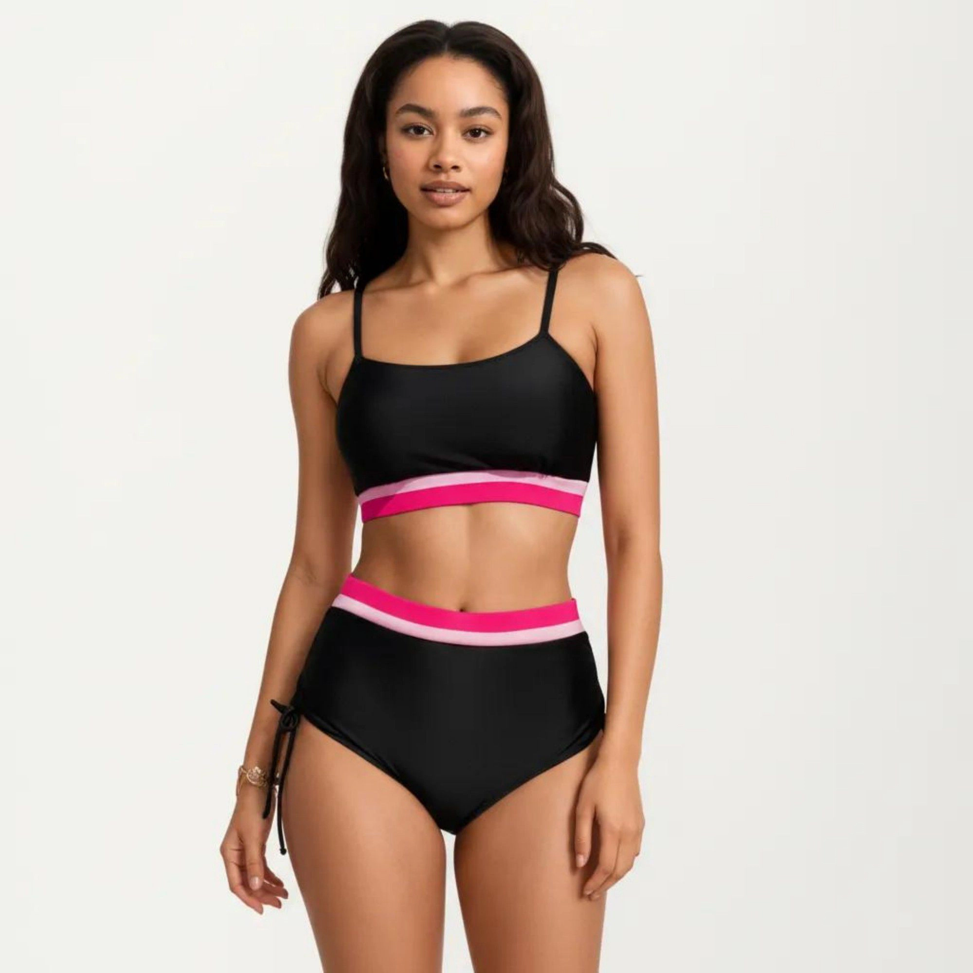 Anna-Kaci Women's Two Piece Bikini Set with Scoop Neck Top High Waist Bottom and Contrast Trim