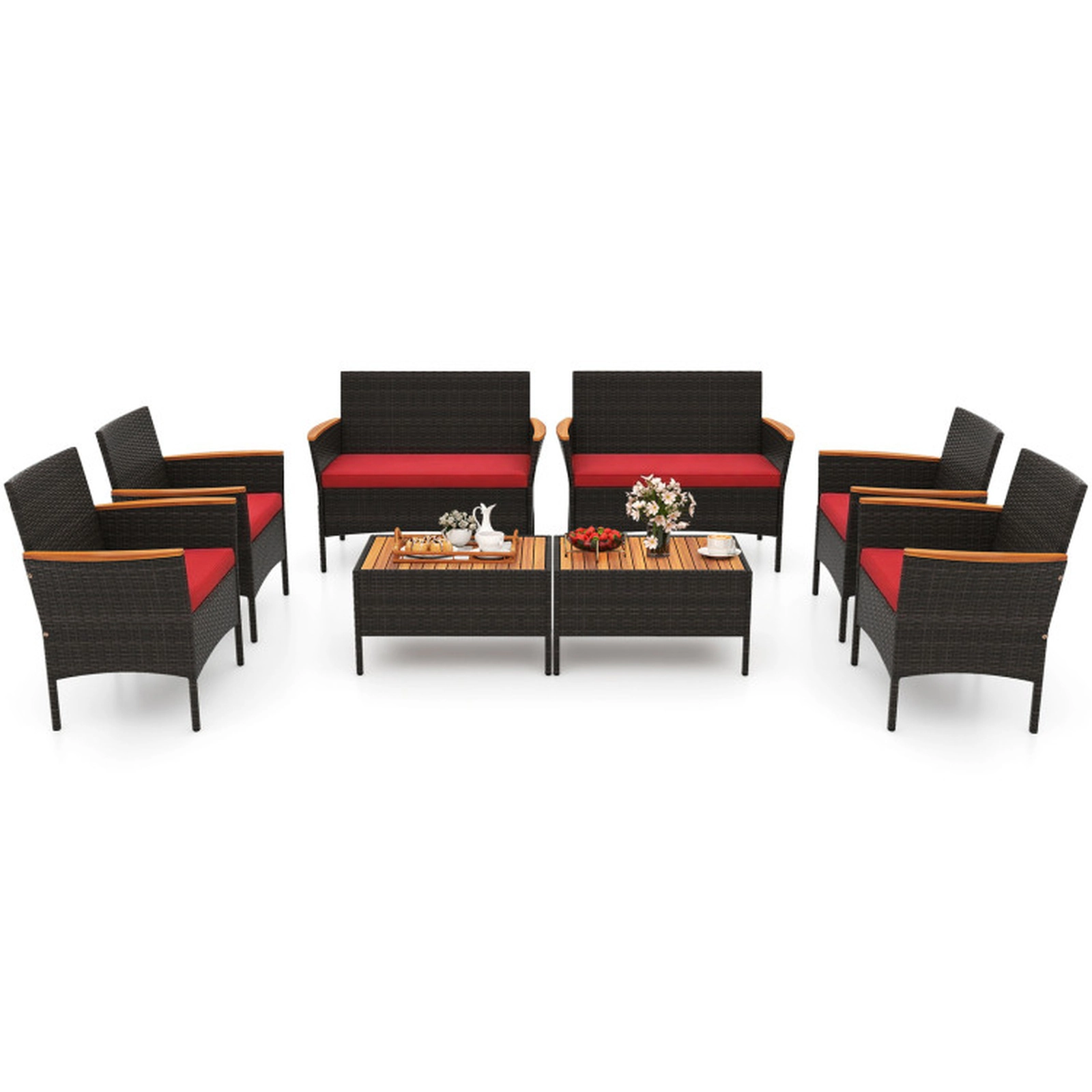 SUGIFT 8-Piece Red Patio Wicker Sofa Set with 4 Chairs and 2 Loveseats 16-in Seat H 800-lb Loveseat Capacity