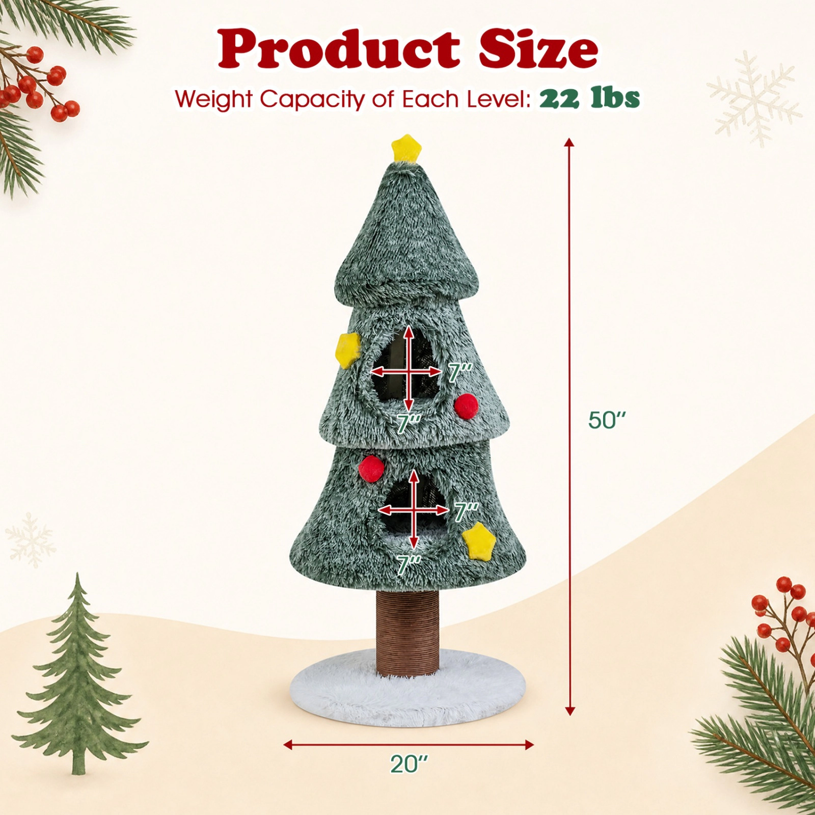 SUGIFT 50-in Tall Christmas Tree Shaped Cat Tree Tower with 2 Condos Scratching Post and Plush Perch
