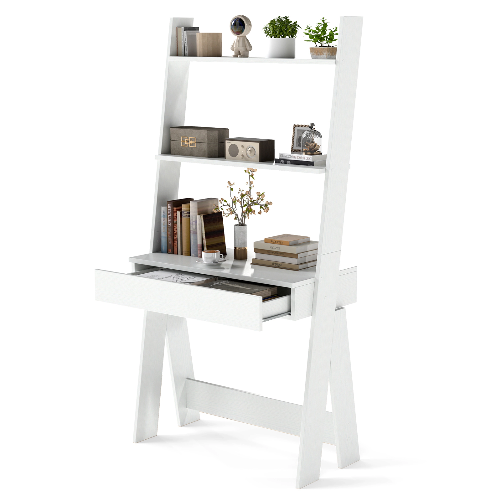 LJG Ladder Shelf Desk with Countertop Drawer and Anti-Toppling Device