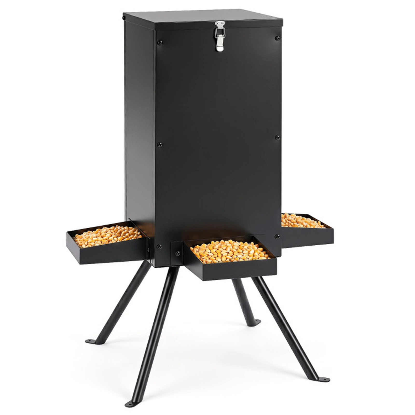 SUGIFT 90-lb Gravity Deer Feeder with 50-90 lb Hopper Capacity 4 Feeding Trays 4-Leg Stand 36-in Tall Black