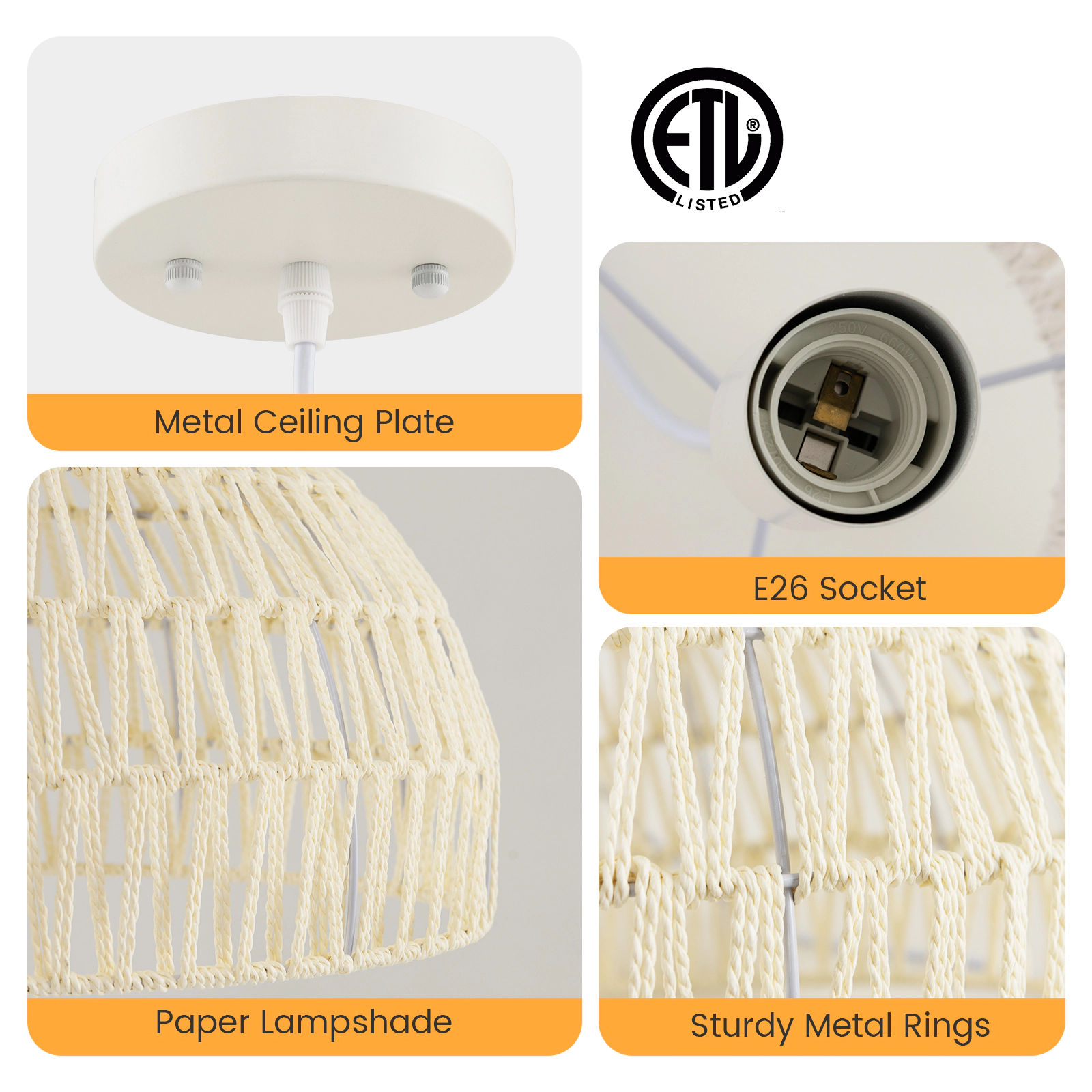 SUGIFT Hand-Woven Paper Farmhouse Pendant Light 17.5 x 10-in Lampshade 12-59-in Adjustable Rope E26 40W Max Beige