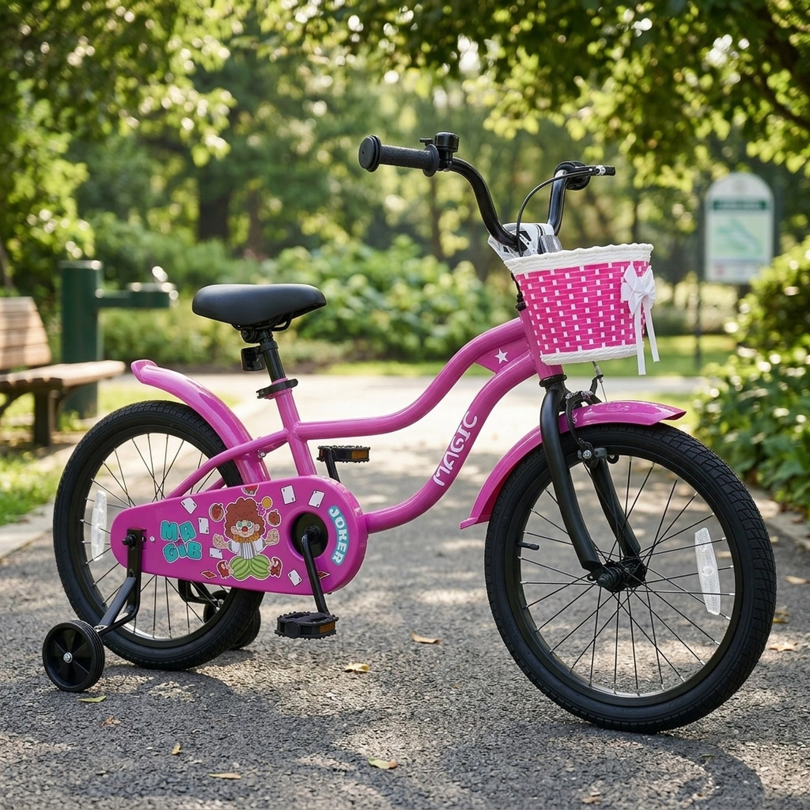18-in Kids Bike Removable Training Wheels Kickstand for Girls Ages 4-8 Rose Bicycle Front Basket Bell 132-lb Capacity