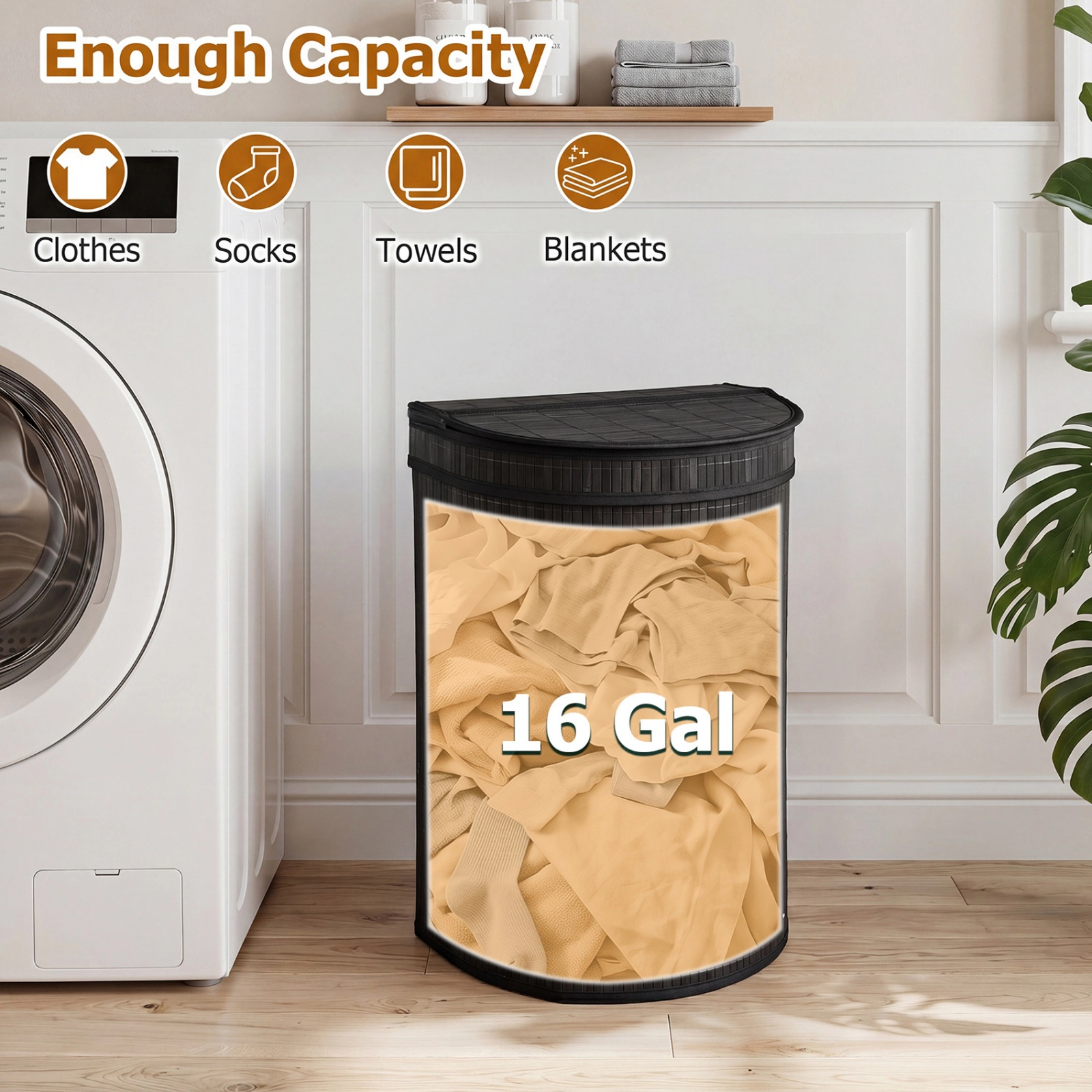 SUGIFT 19 Gal Bamboo Laundry Hamper with Zippered Lid and Removable Liner