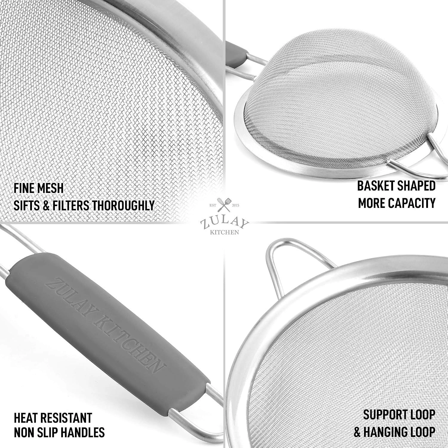 Zulay Kitchen Premium Stainless Steel Fine Mesh Strainer Set - Strainers For Kitchen (Set of 3) with Non-Slip Handles