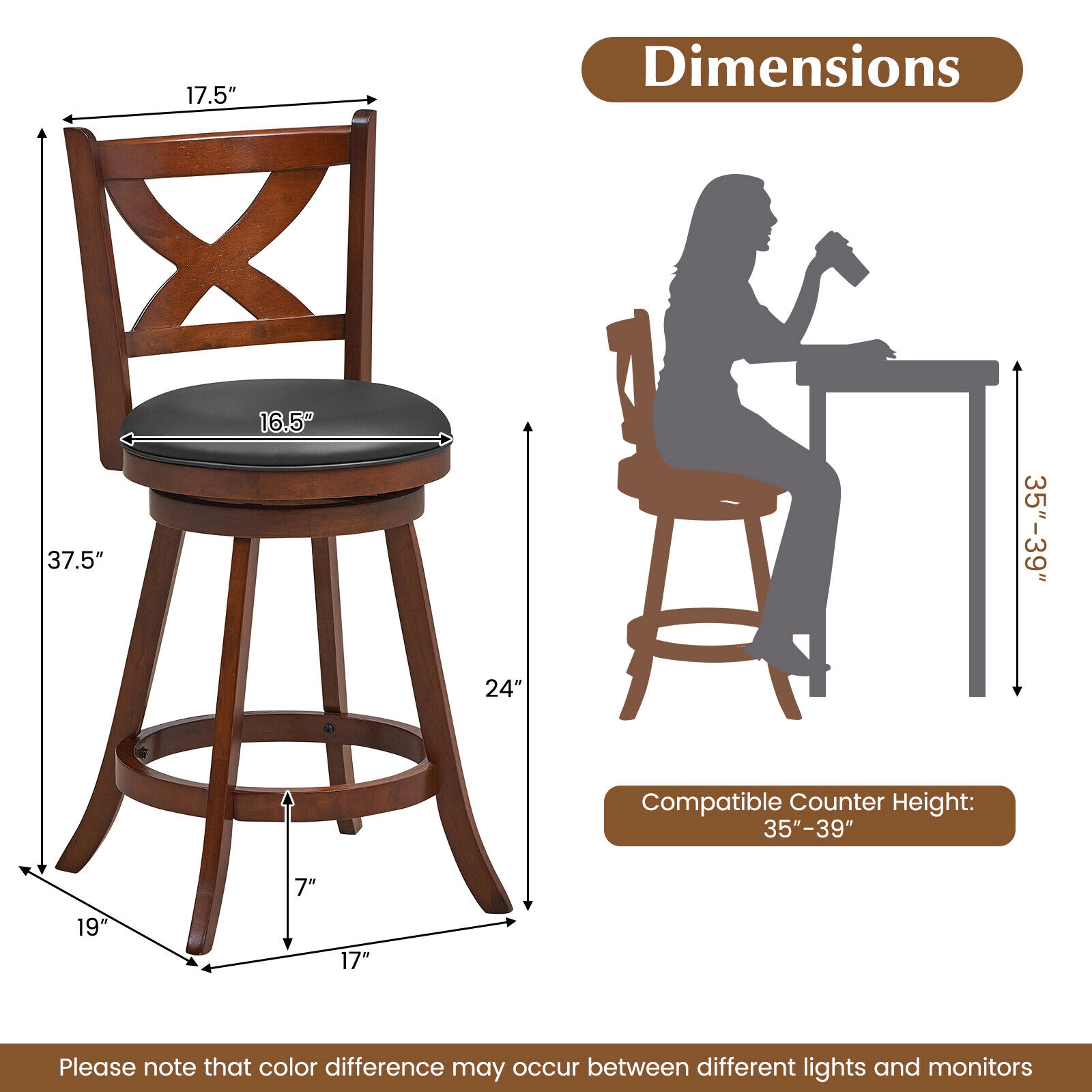 Glintex 2-Piece 24-Inch Swivel Counter Stool Set with X-Shaped Open Back, Brown