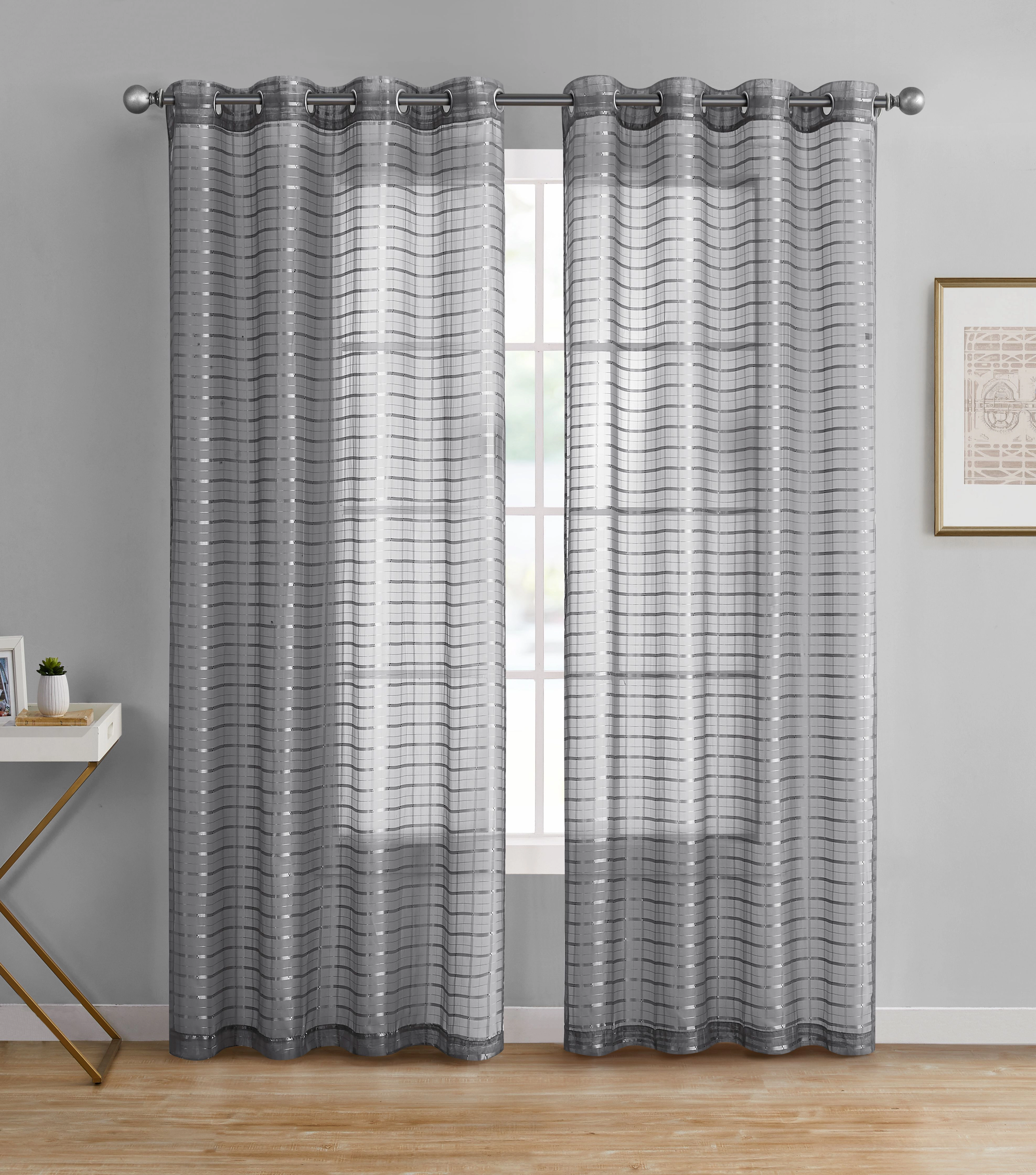 Kate Aurora 2 Piece Silver Plaid Grommet Top Sheer Window Curtain Panels - 84 in. Long