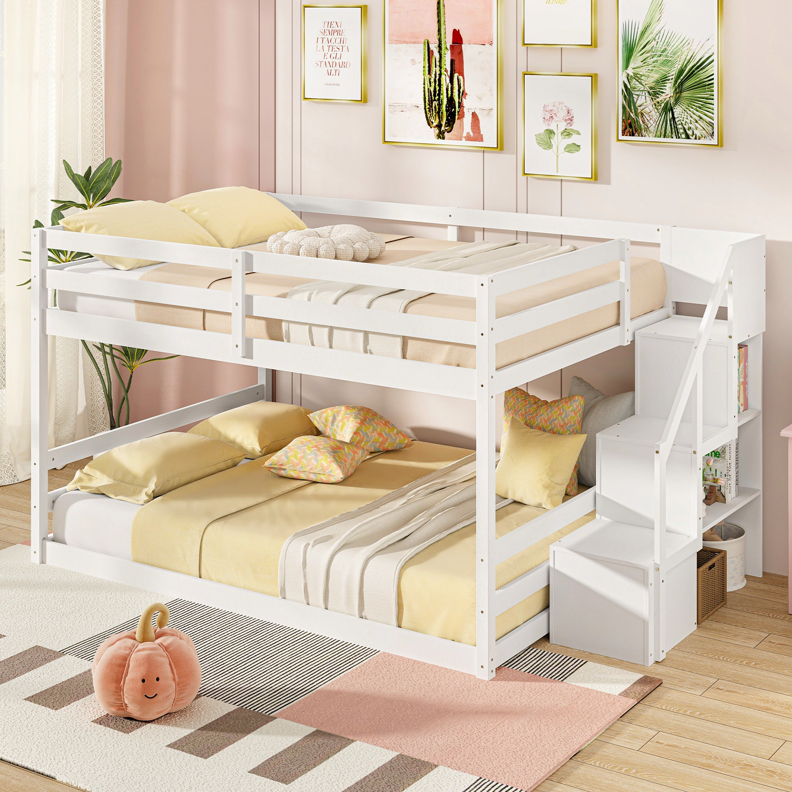 SUGIFT Full-Over-Full Low Bunk Bed with Storage Stairs, Handrails, White