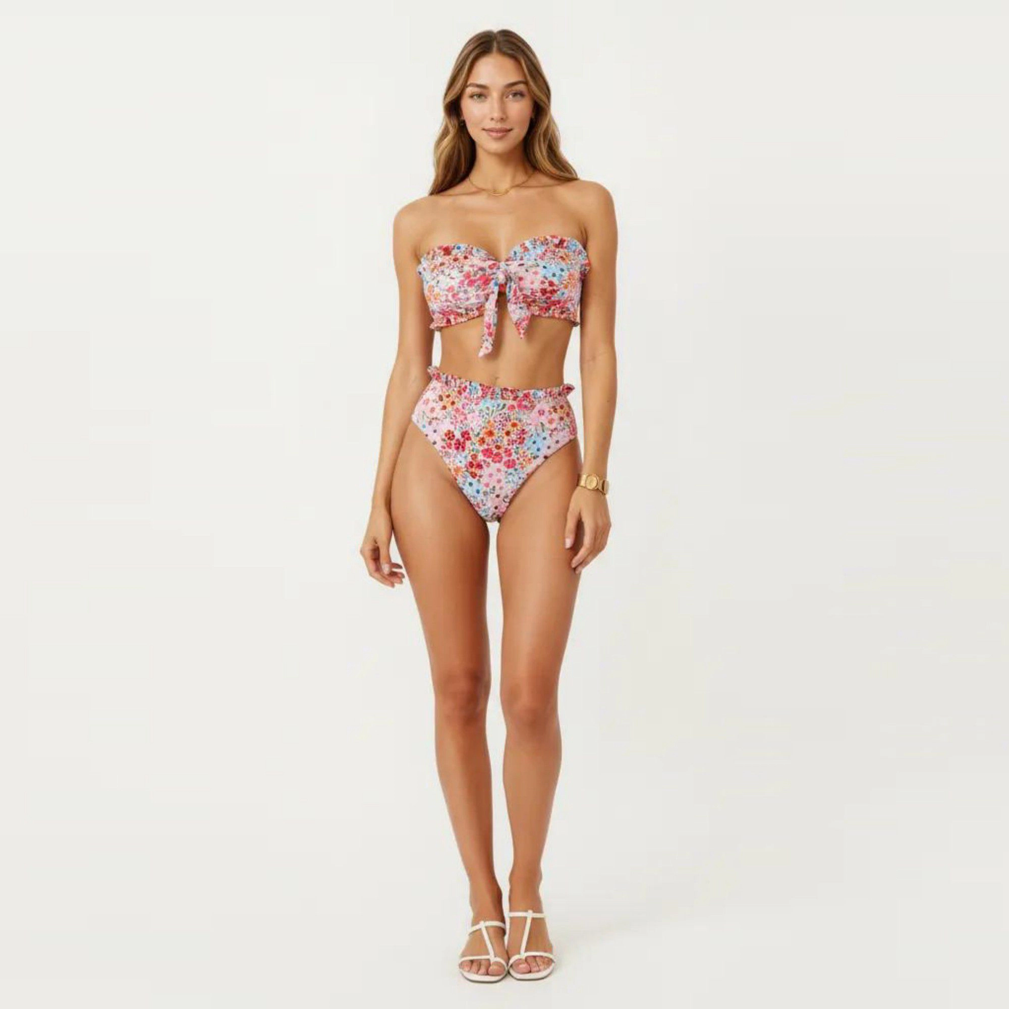 Anna-Kaci Women's 2-Piece Strapless Bandeau Bikini Set with Front Tie Knot Top High Waisted Ruffle Trim Bottom