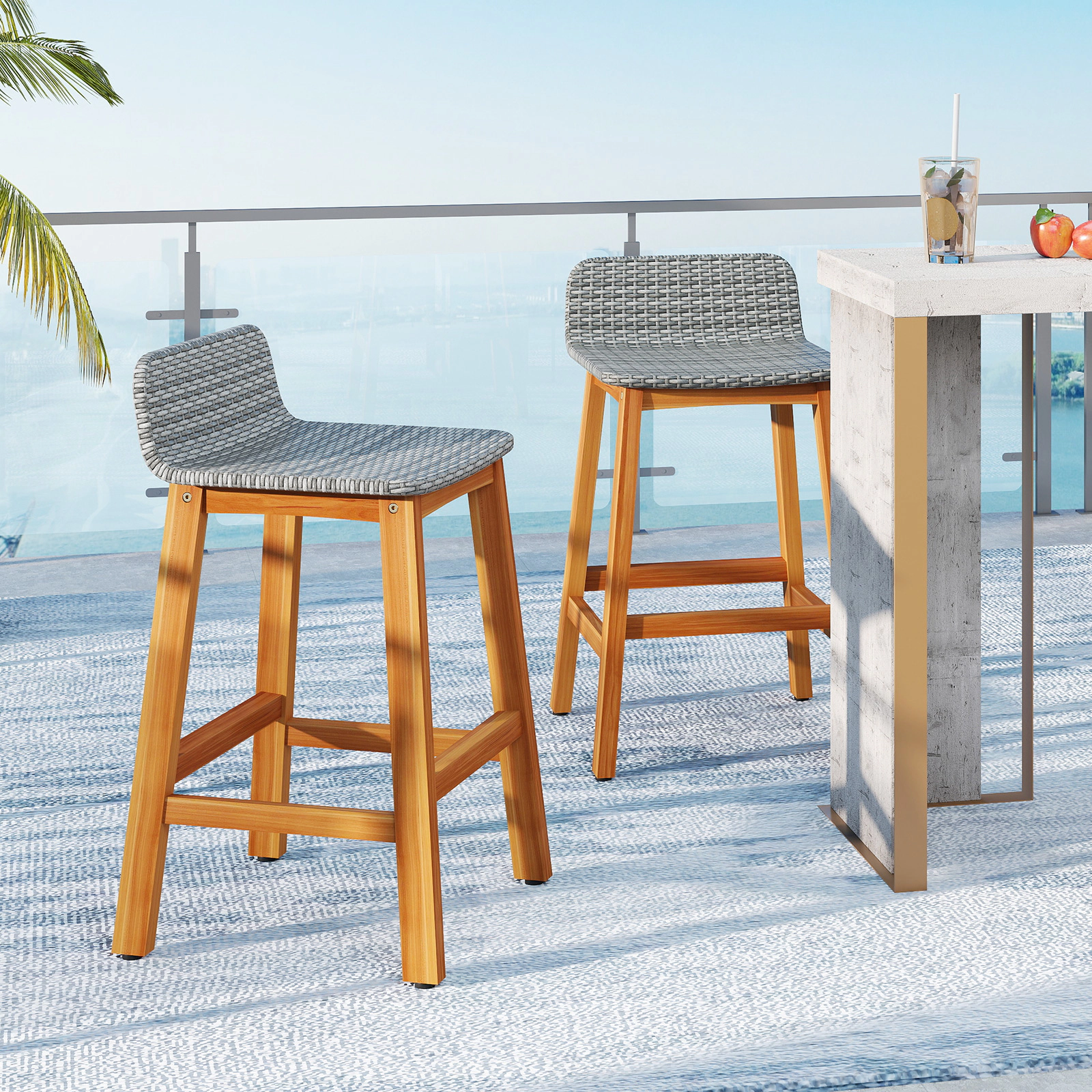 SUGIFT Outdoor Bar Stool Chair Set 400-lb Capacity 26-in Seat Height Natural
