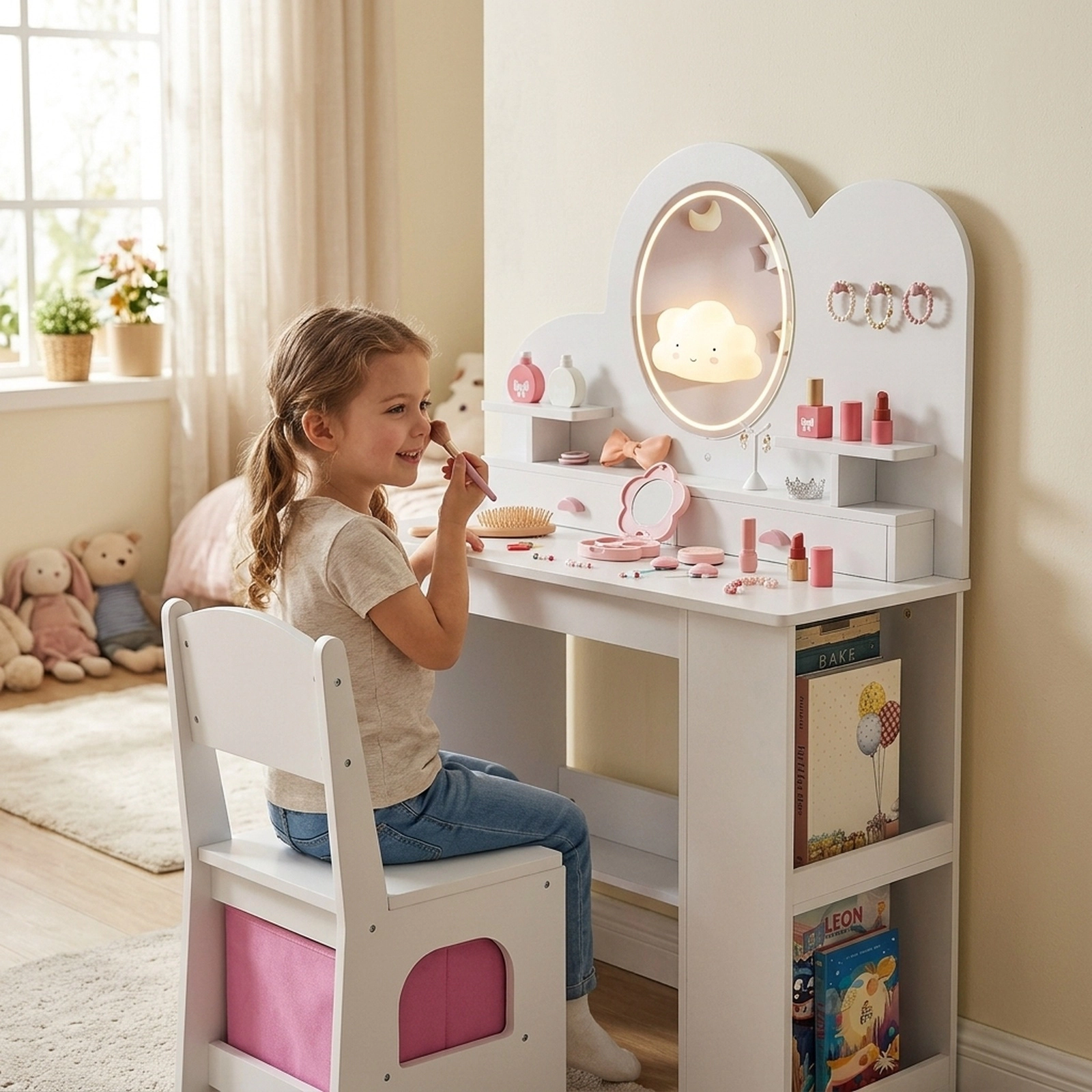 SUGIFT Kids Vanity Set White with Lighted Mirror 2 Drawers and 2-Tier Bookshelf