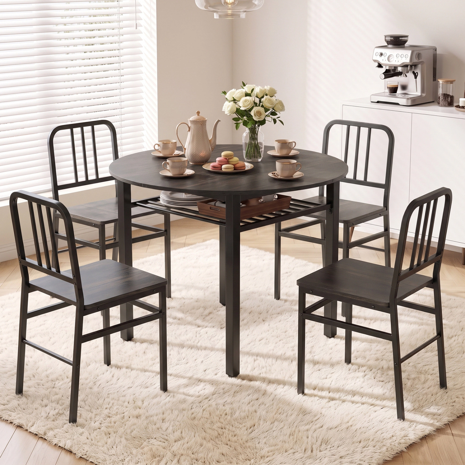 LJG 40" Round Kitchen Table with Storage Shelf and Metal Frame for 4 People