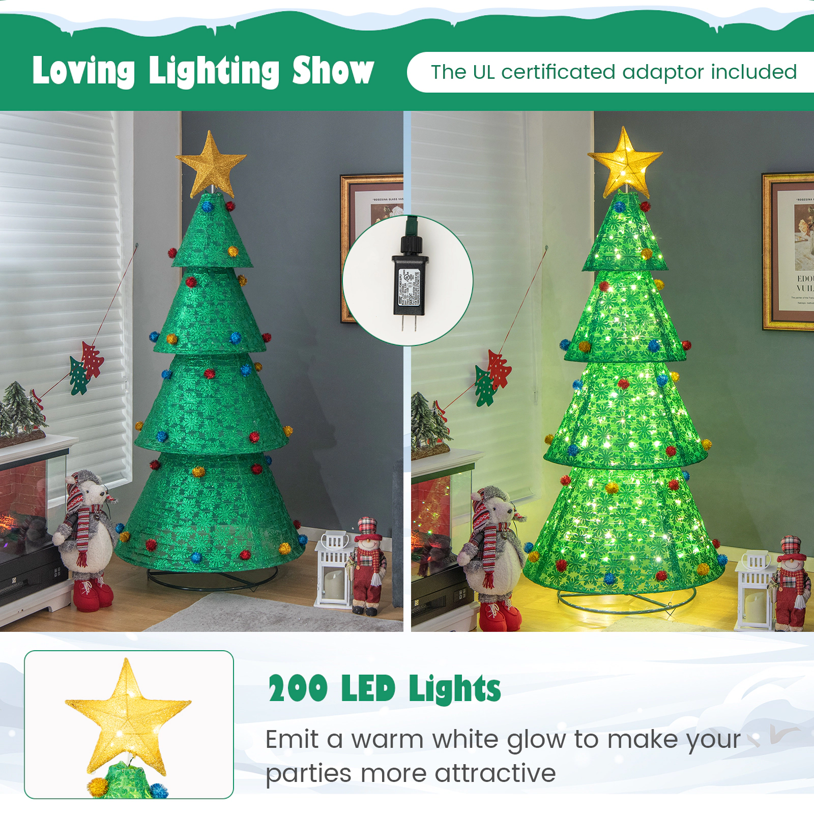 LJG Pop-Up Christmas Tree with 200 Warm White LED Lights for Indoors & Outdoors