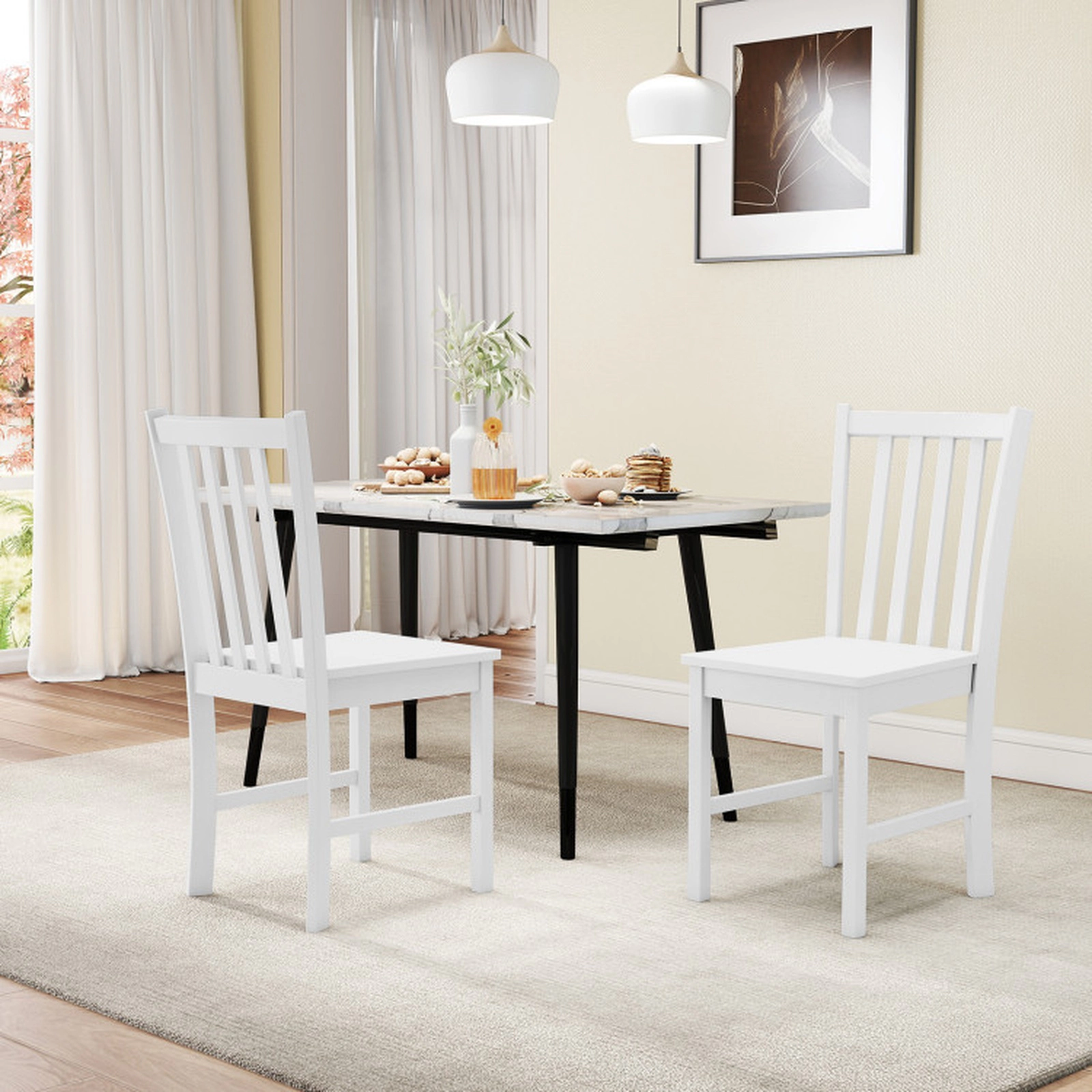 SUGIFT Rustic Rubber Wood Dining Chairs Set of 2 Wooden Kitchen Chairs with Slat Tilt Backrest 330-lb Capacity White