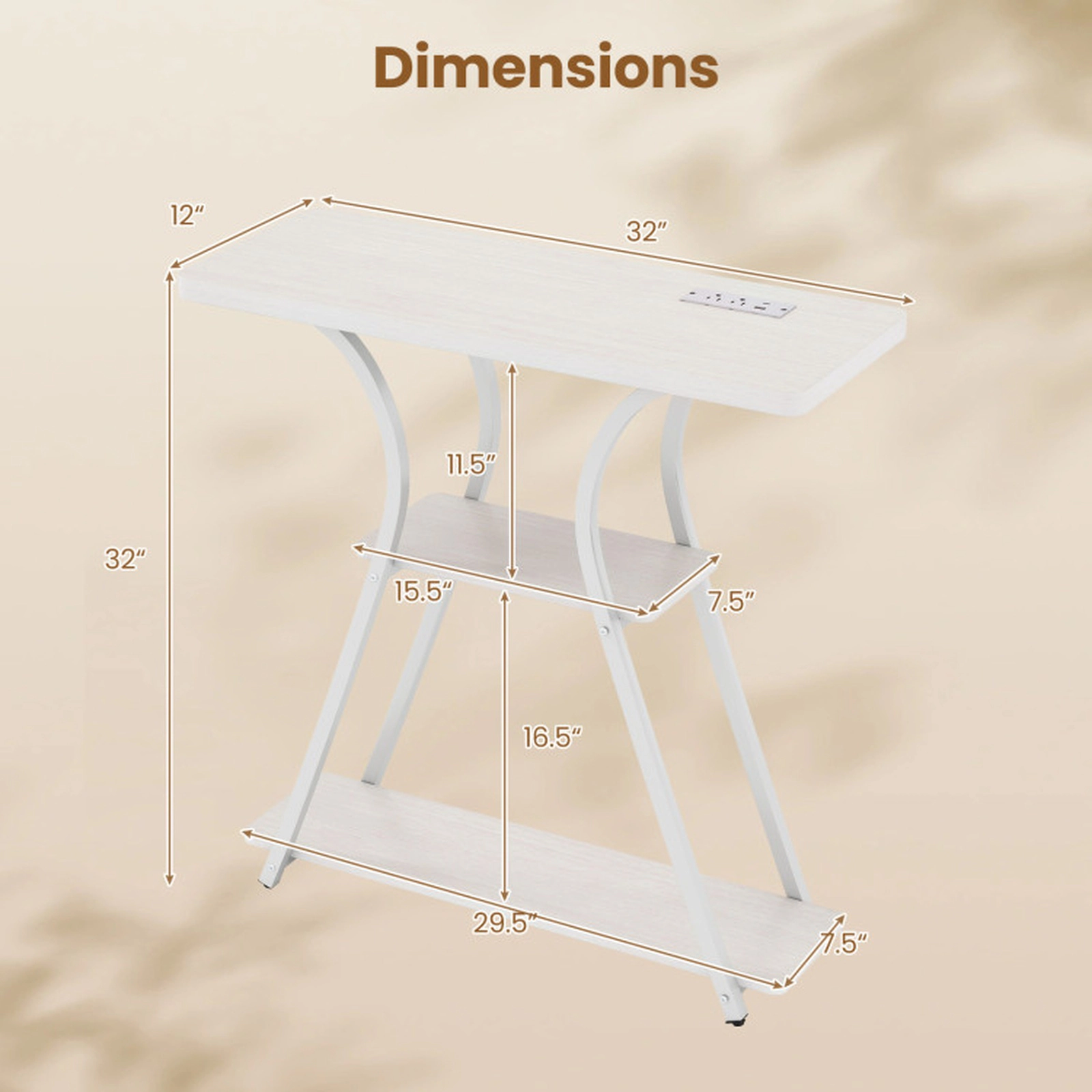 SUGIFT 3 Tier Engineered Wood Metal Frame LED USB C Charging Console Table In Oak & White