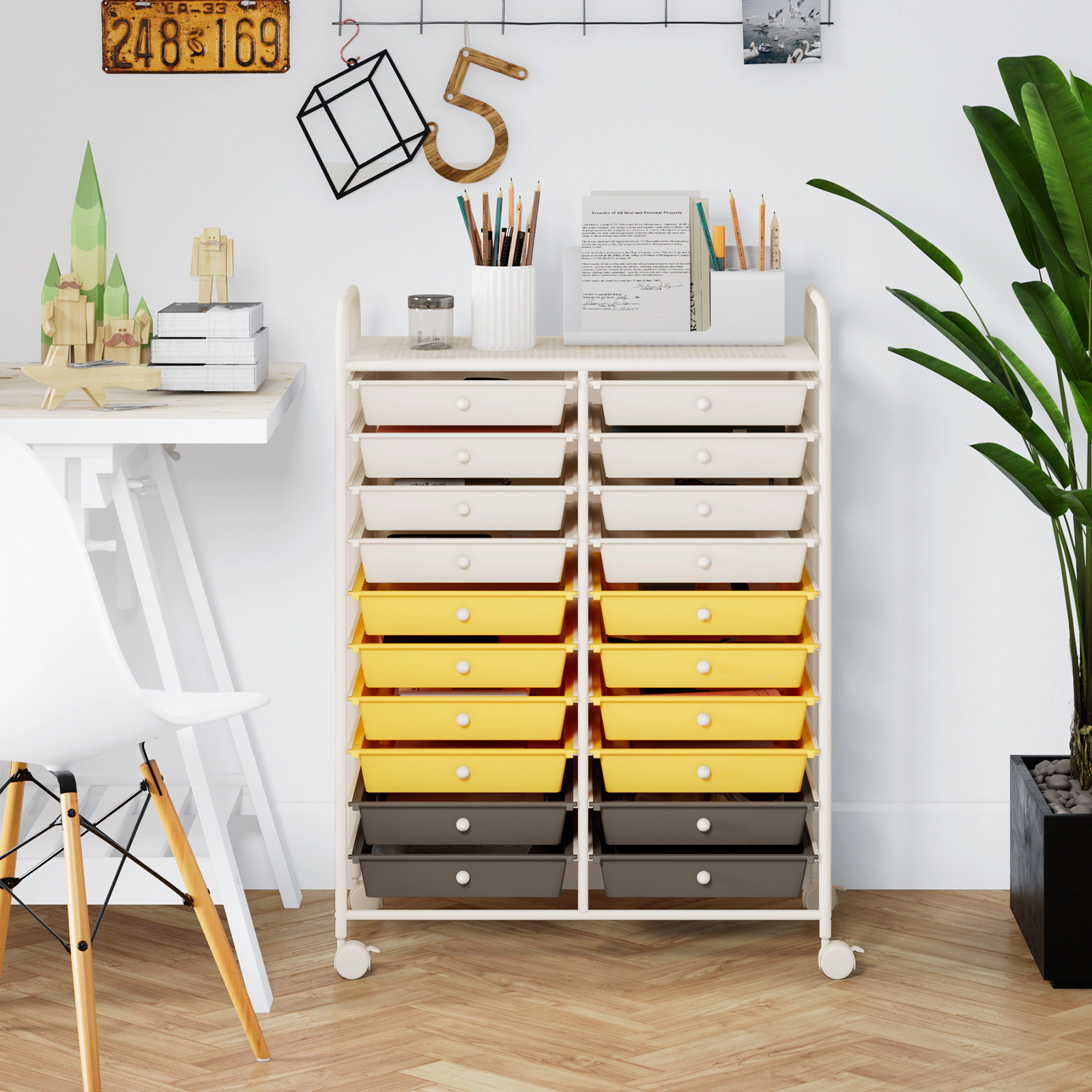 SUGIFT Yellow 20-Drawer Rolling Utility Cart Studio Storage Organizer with 4 Swivel Casters and Steel Frame