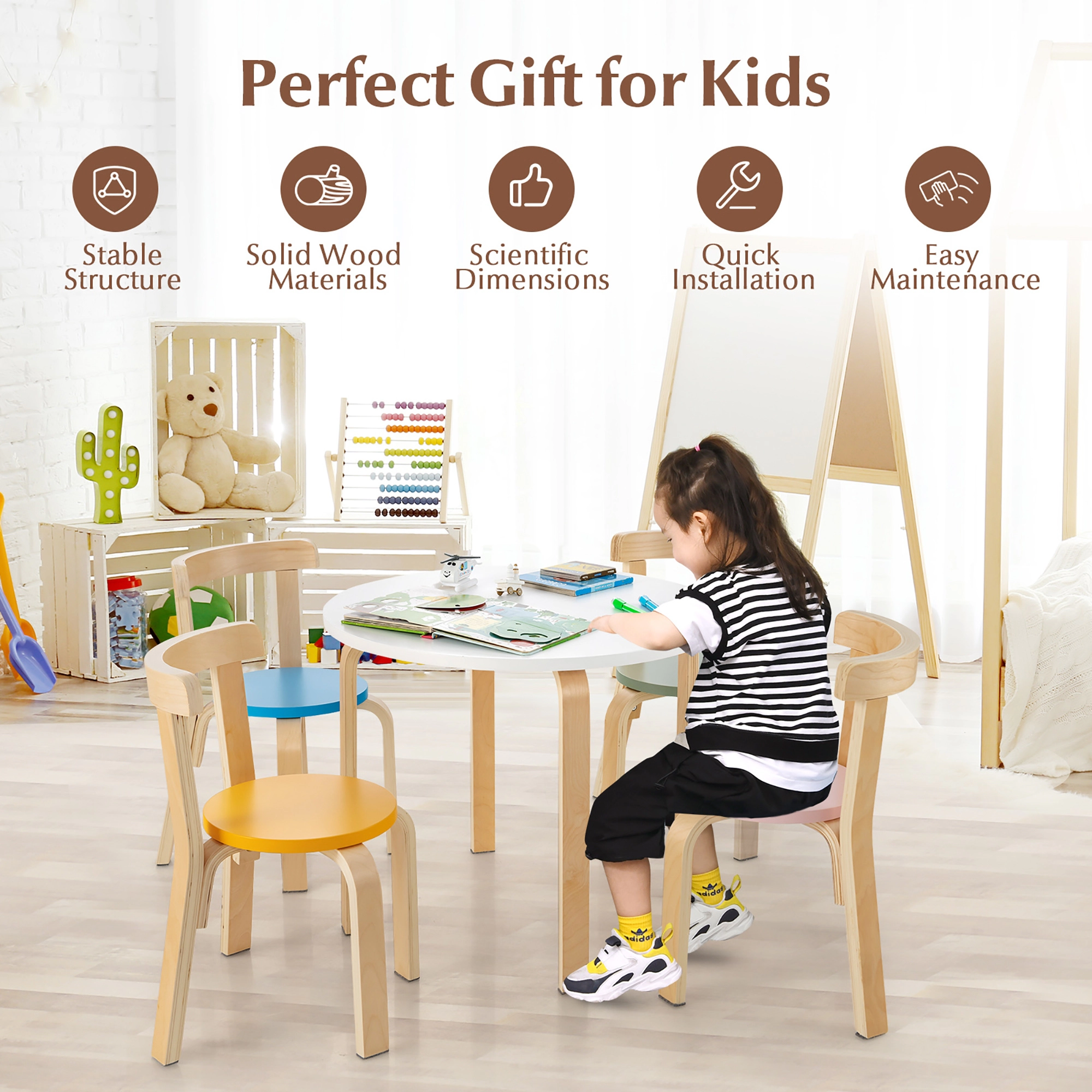 5-Piece Kids Table and Chairs Set Wooden Toddler Activity Table with 4 Curved Back Chairs and 15 Toy Building Natural