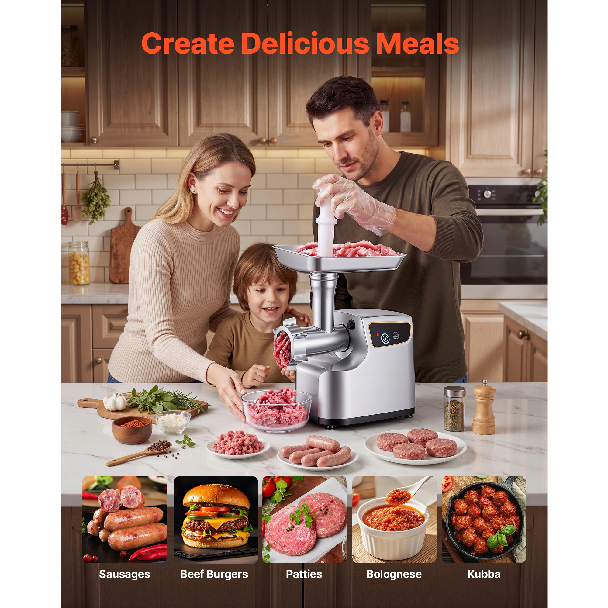 HONGGE Meat Grinder, Electric Meat Mincer with Plates, 3 Sausage Stuffing Tubes, Sausage Maker for Home Kitchens
