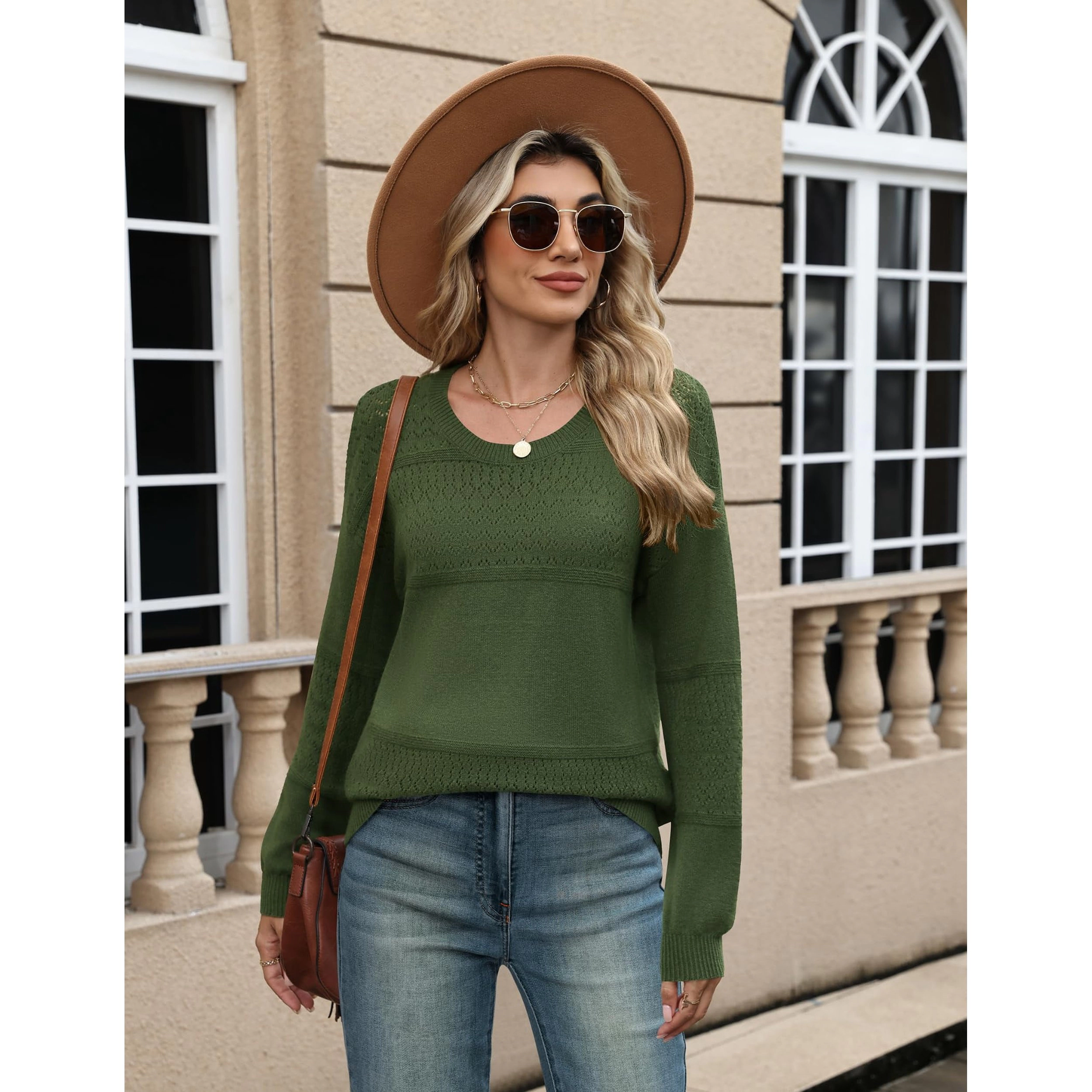 Zeagoo Women's Long Sleeve Crew Neck Crochet Pullover