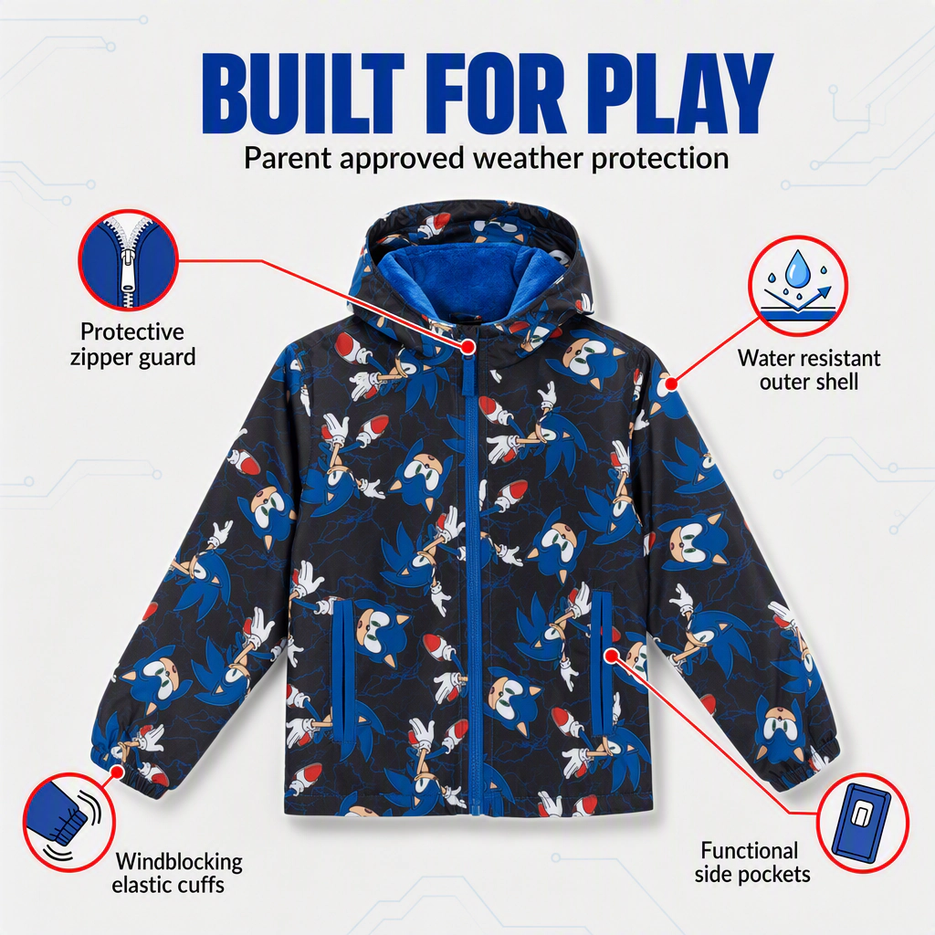 SEGA Sonic the Hedgehog Boys' Hooded Zip-Up Rain Jacket