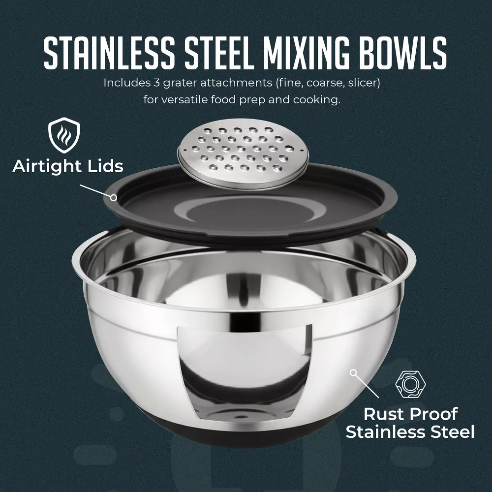 Luminuxe 5‑Piece Stainless Steel Mixing Bowls with Lids & Grater, Durable Rust‑Resistant Nonslip Nesting Kitchen Bowls