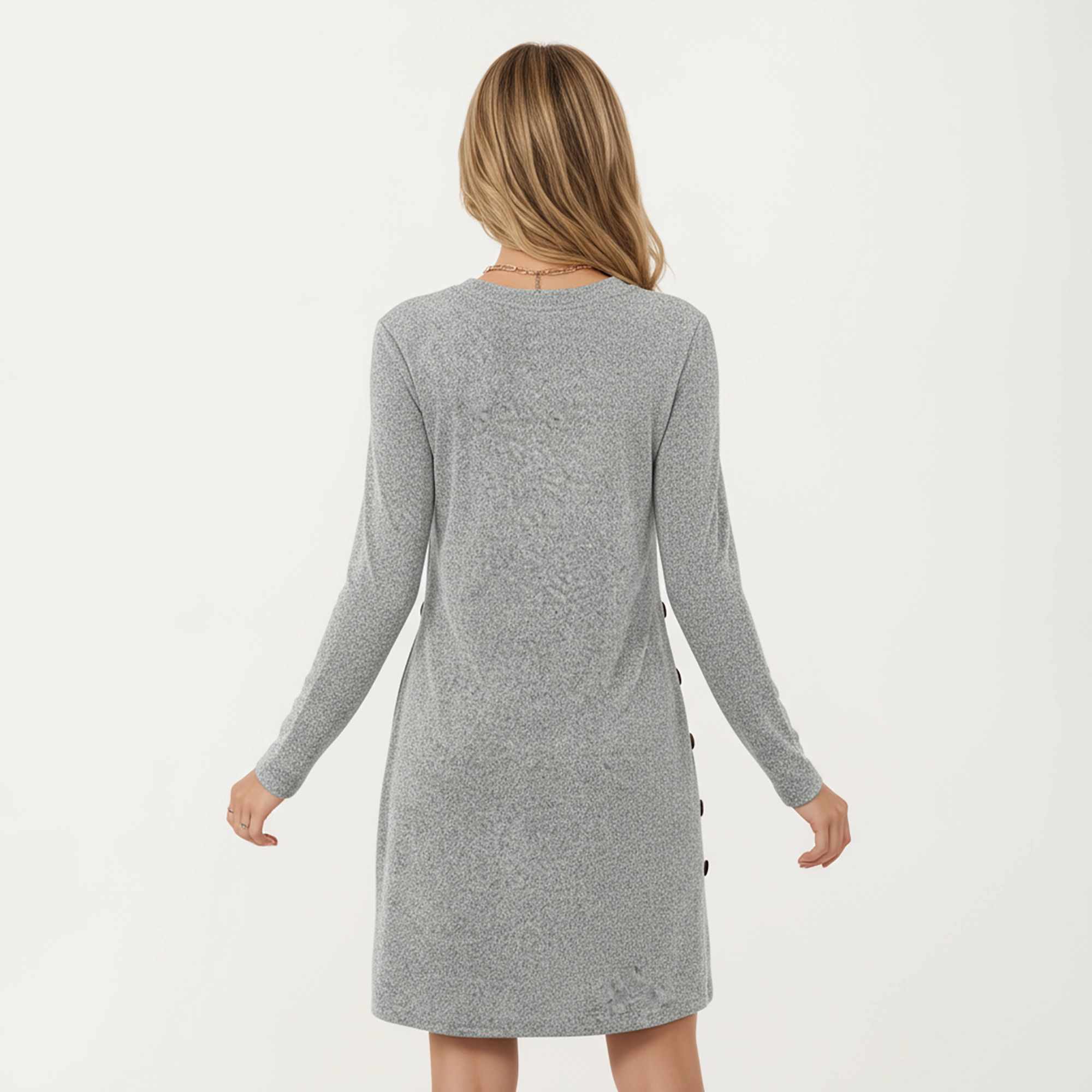 Anna-Kaci Women's Long Sleeve Knit Side Button Crew Neck Dress