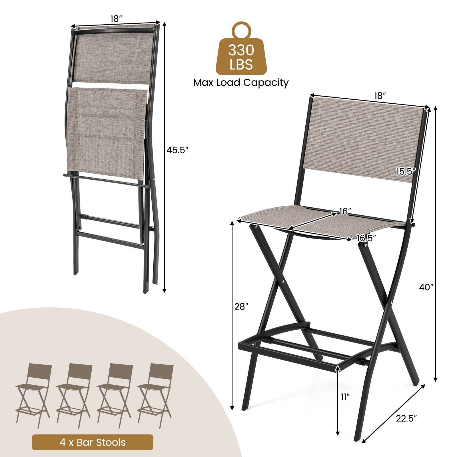 SUGIFT Outdoor Folding Bar Stool Set with Footrest 330-Lb Capacity 28-in Seat Height Blue Coffee