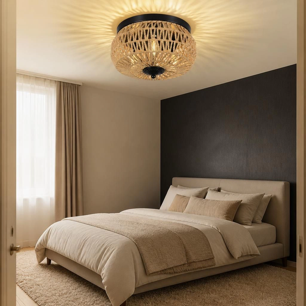 ELEMENT ACE Round Rattan Metal Flush Mount Ceiling Light