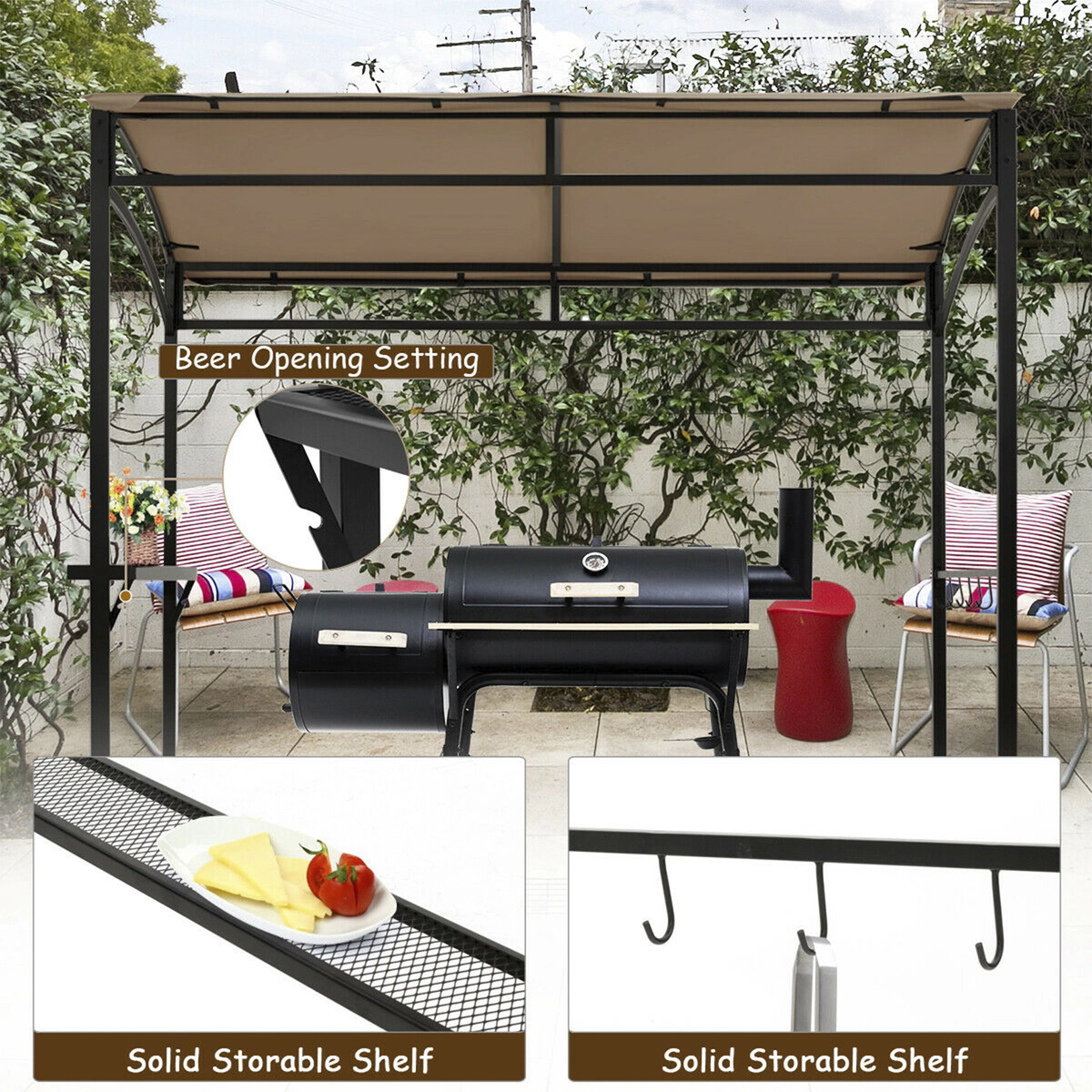 SUGIFT 7-ft Brown Outdoor Grill Gazebo with BBQ Canopy, Shelf and 5 Hooks