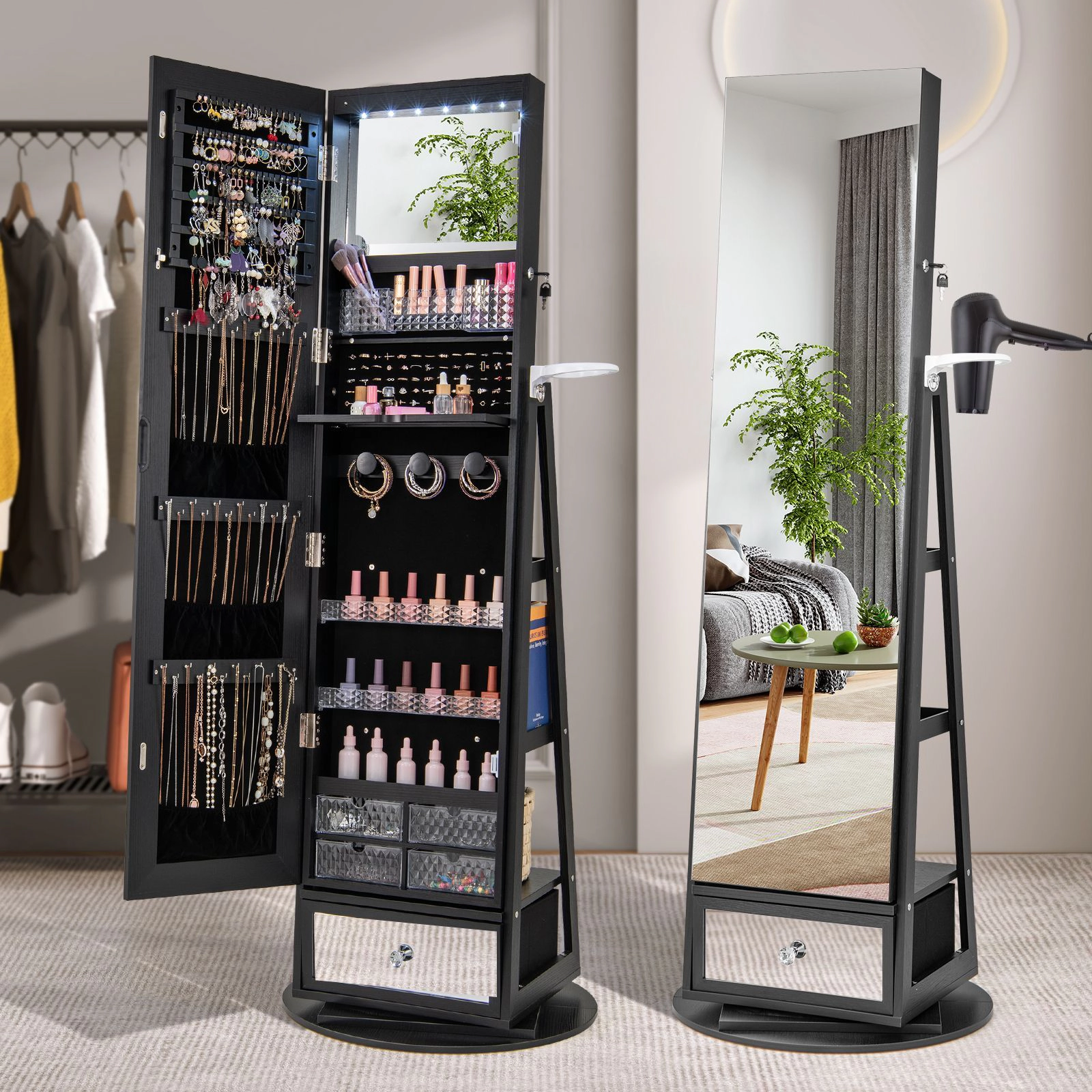 SlickBlue Women's 3-in-1 Mirrored LED Jewelry Armoire Cabinet