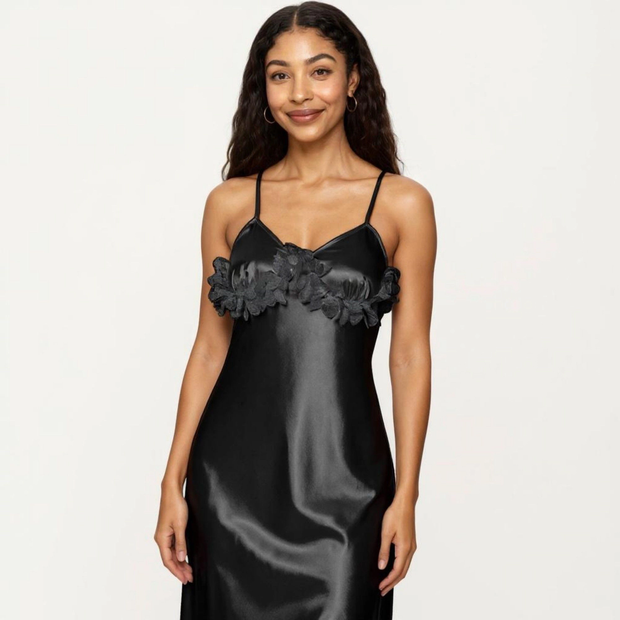 Anna-Kaci Women's Satin Midi Slip Dress with 3D Floral Trim Bodice and Ruffled Hem Detail for a Soft Sculpted Silhouette