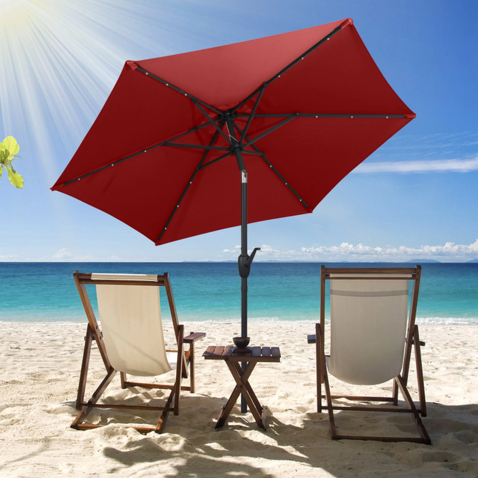 SUGIFT 7.5-ft Solar Powered Patio Umbrella with 18 LED Lights Crank Handle Metal Frame Polyester Canopy Burgundy