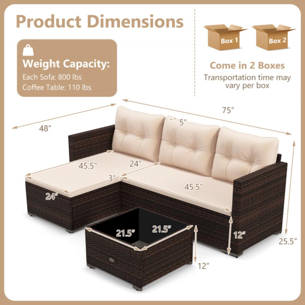 Hivvago 2-Piece Outdoor Wicker Furniture Set With Tempered Glass Coffee Table And Soft Cushions-Beige