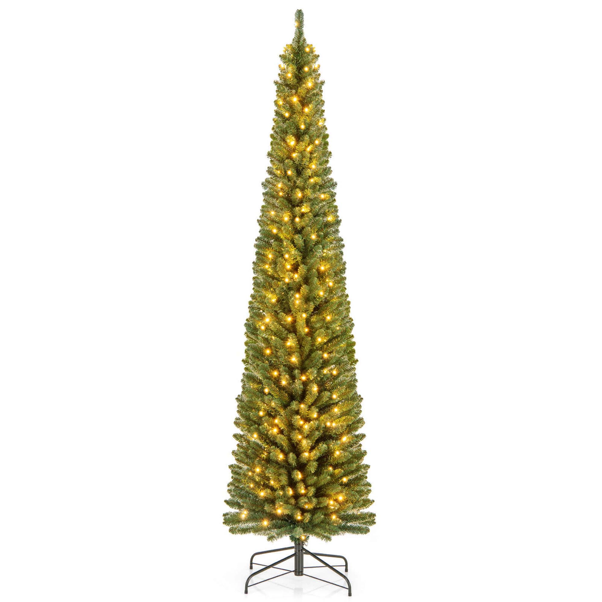 Costway 5/6/7/8 FT Pencil Christmas Tree with 295 Memory Wire Branch Tips 110/140/190/250 LED Lights for Home