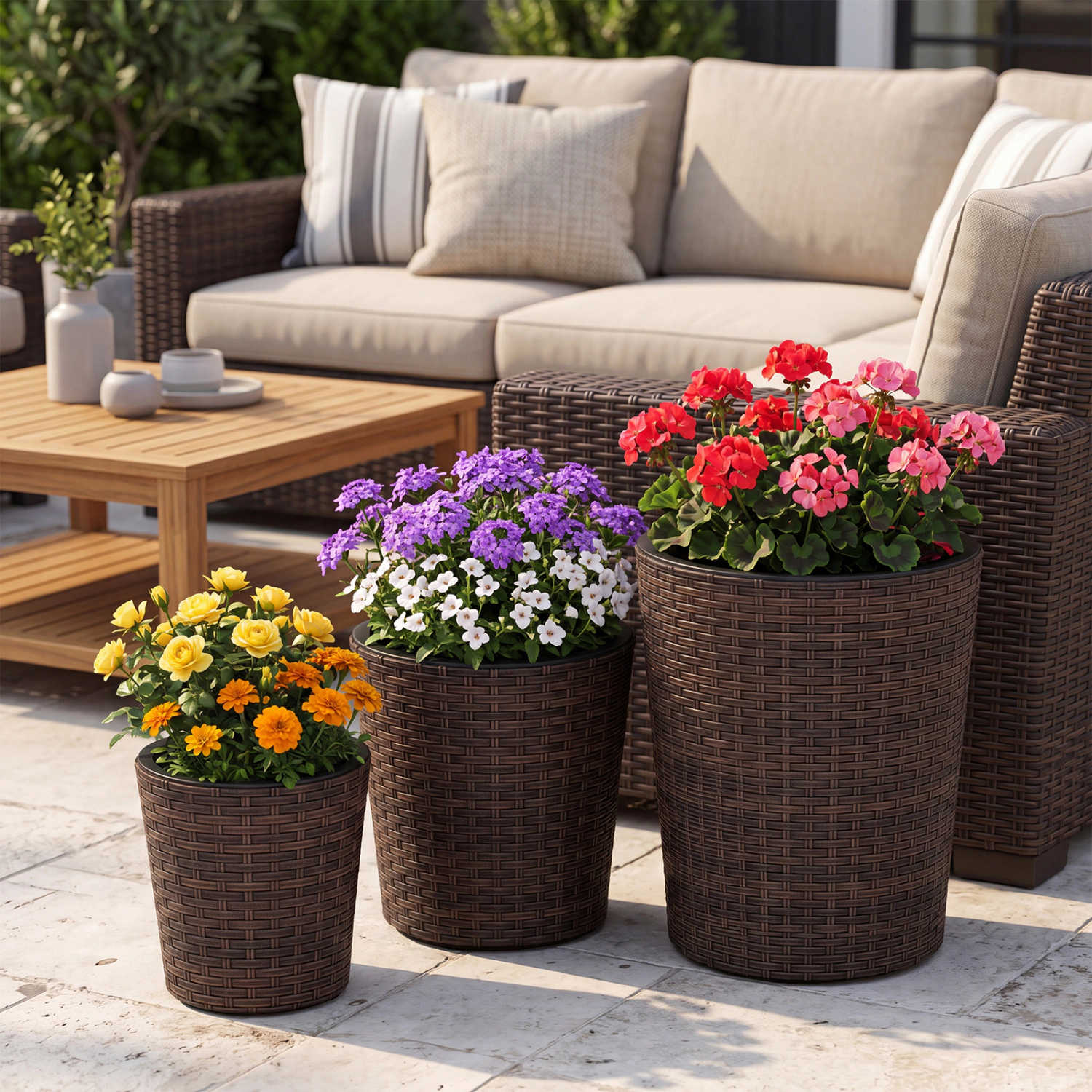 LJG Set of 3 Plastic Planters with Drainage Holes and Saucers for Porch and Garden