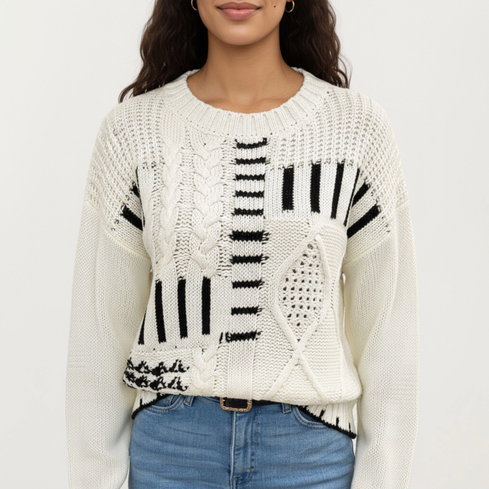 Anna-Kaci Women's Patchwork Cable Knit Sweater with Contrast Stitching Ribbed Trim