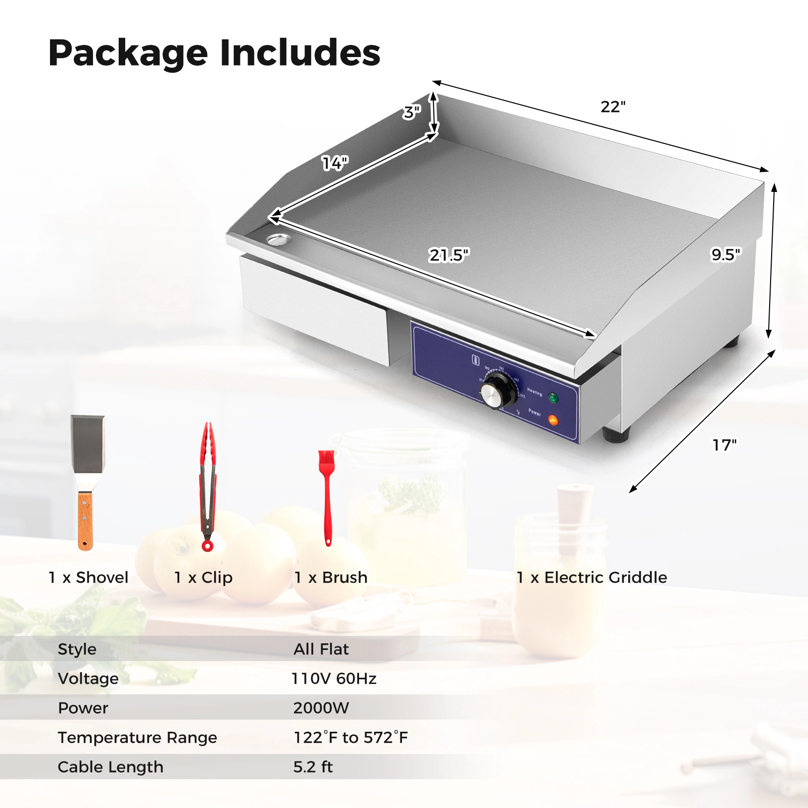 LJG 22 Inch Countertop Electric Griddle 2000W 110V Commercial Stainless Steel Grill