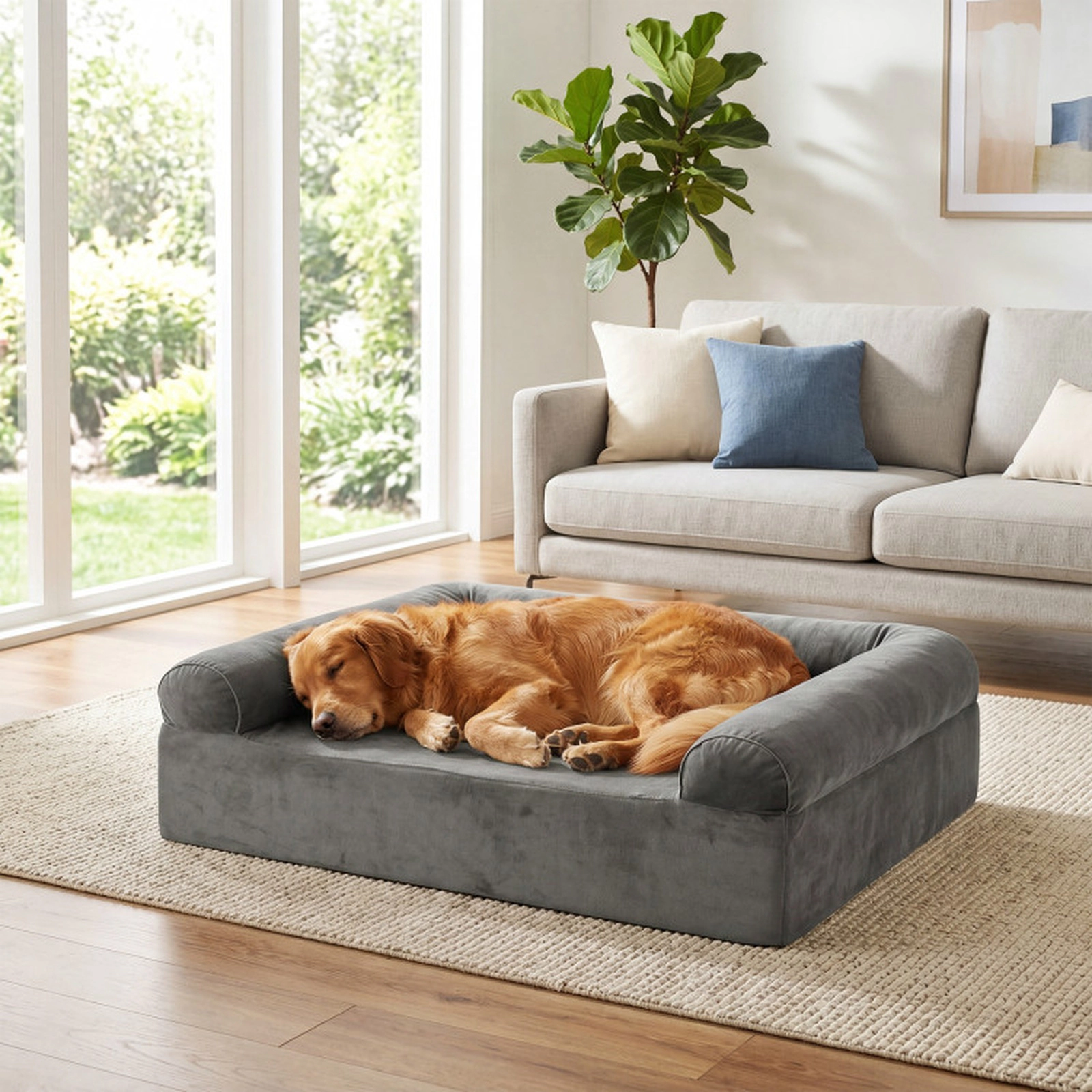 SUGIFT Dual-Sided Cooling Gel Memory Foam Pet Bed with 3-Sided Bolsters for Small to Medium Dogs Dark Gray