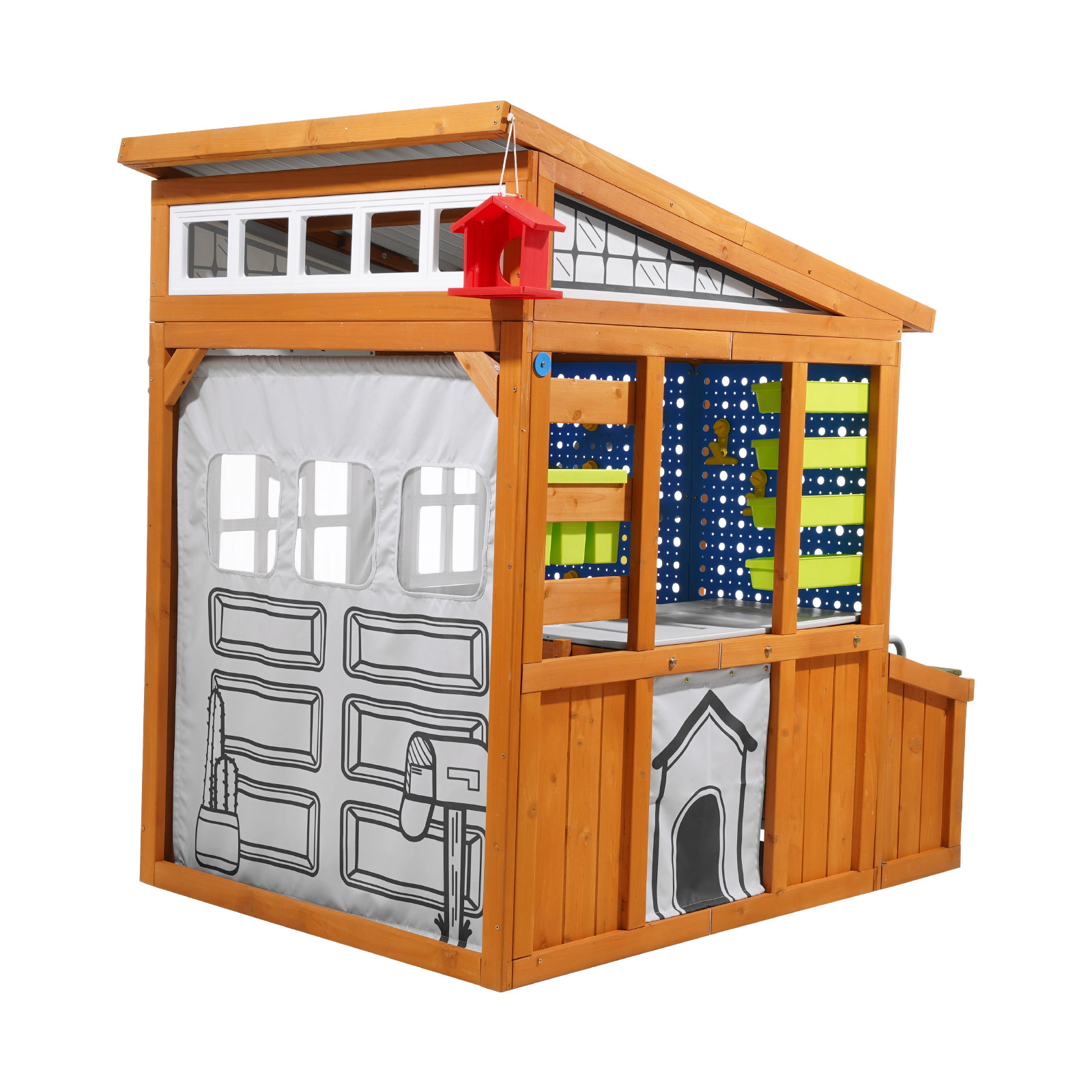 HONGGE Cedar Wood Outdoor Playhouse for Kids Ages 3-10, Wooden Cottage with Doorbell, Workbench and Storage Pockets
