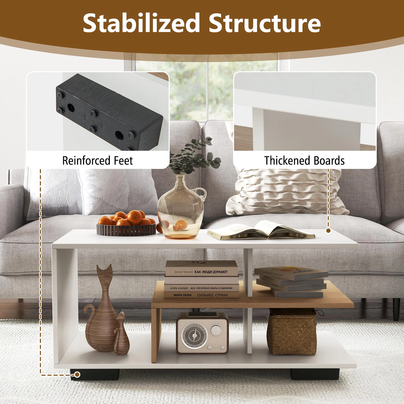 SUGIFT 3-Tier L-Shaped Middle Shelf Wood Rectangular Coffee Table 35.5-in x 19.5-in x 16.5-in 110-lb Capacity White